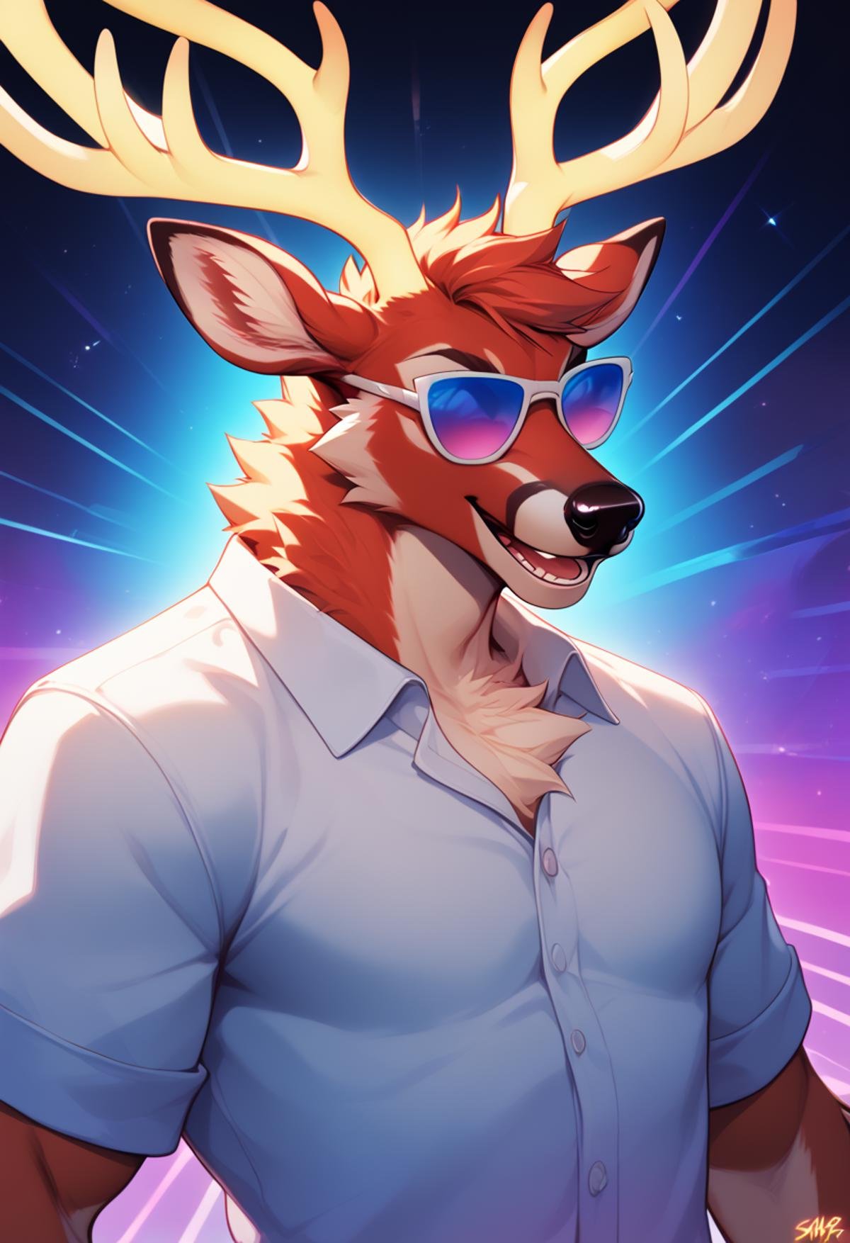 <lora:Saffron:1>, Saffron, furry, deer, antlers,yellow antlers,mature, male, portrait, portrait, cheerful, positive energy, vibrant background, close up shot , open mouth, teeth, sparkly, loose shirt, rainbow syntwave, vaporwave, scanlines, dark background,iconic sunglasses, cool,, score_9, score_8_up, score_7_up, score_6_up,