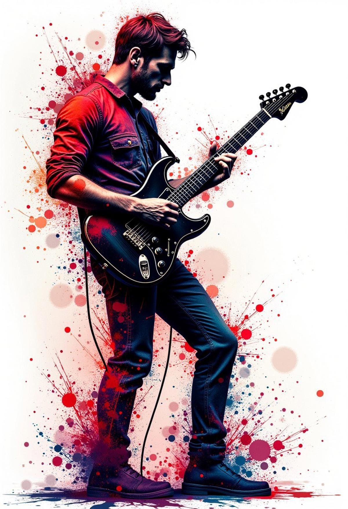 ink splats, Dynamic ink splats painting of a musician playing a guitar, with bold ink splashes exploding in sync with the music, creating a kaleidoscope of colors and abstract shapes around him, capturing the rhythm and energy of the performance