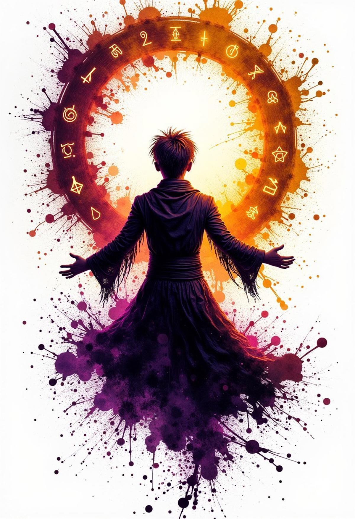 ink splats, Abstract ink splats art of a young sorcerer floating mid-air, surrounded by a whirlwind of ink splashes that form mystical runes and symbols, the colors shifting from deep purples to bright golds, cinematic composition,