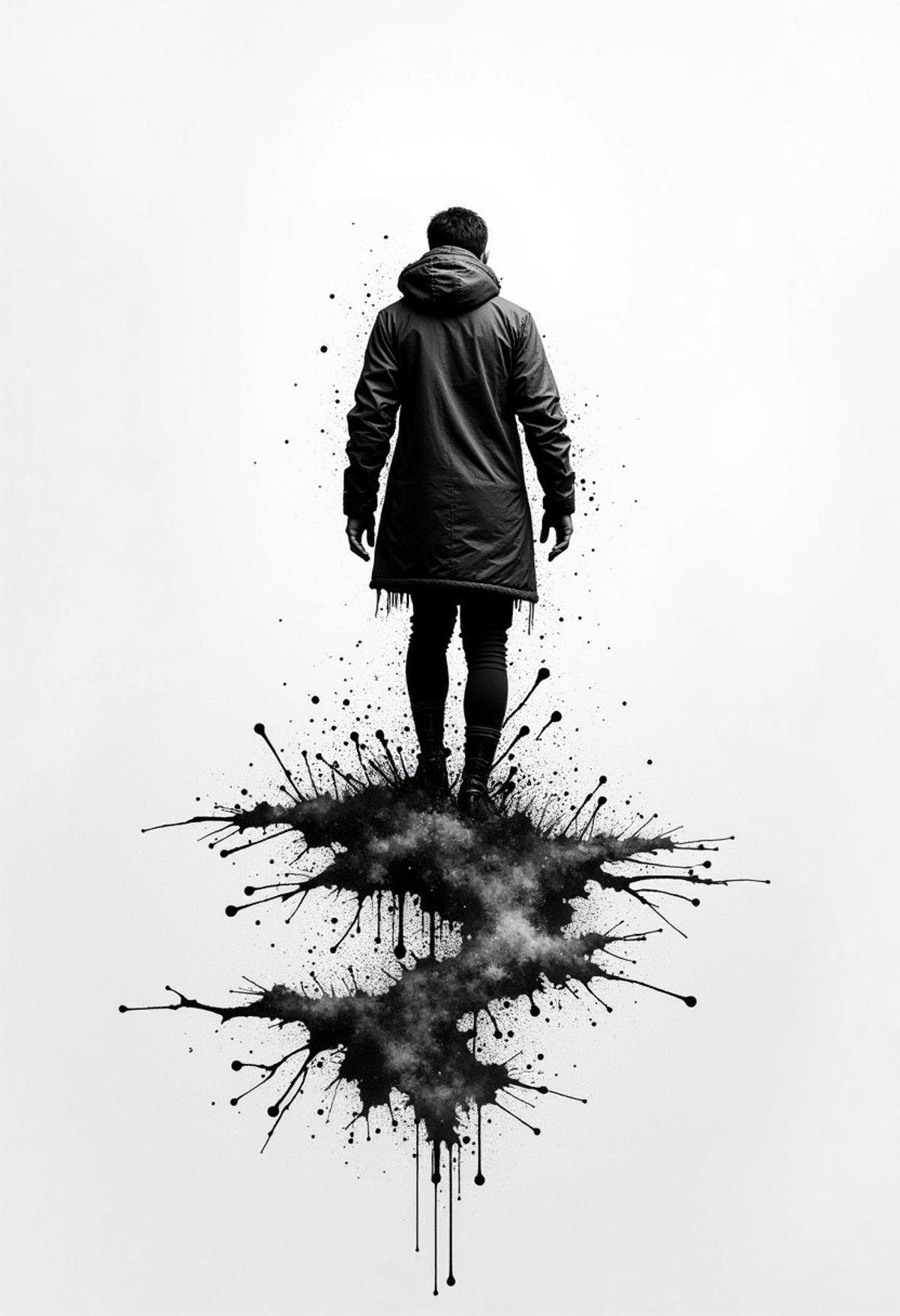 ink splats, a magical ice land, frozen land, cinematic composition, ink, monochrome, landscape, human being, jacket, coat,