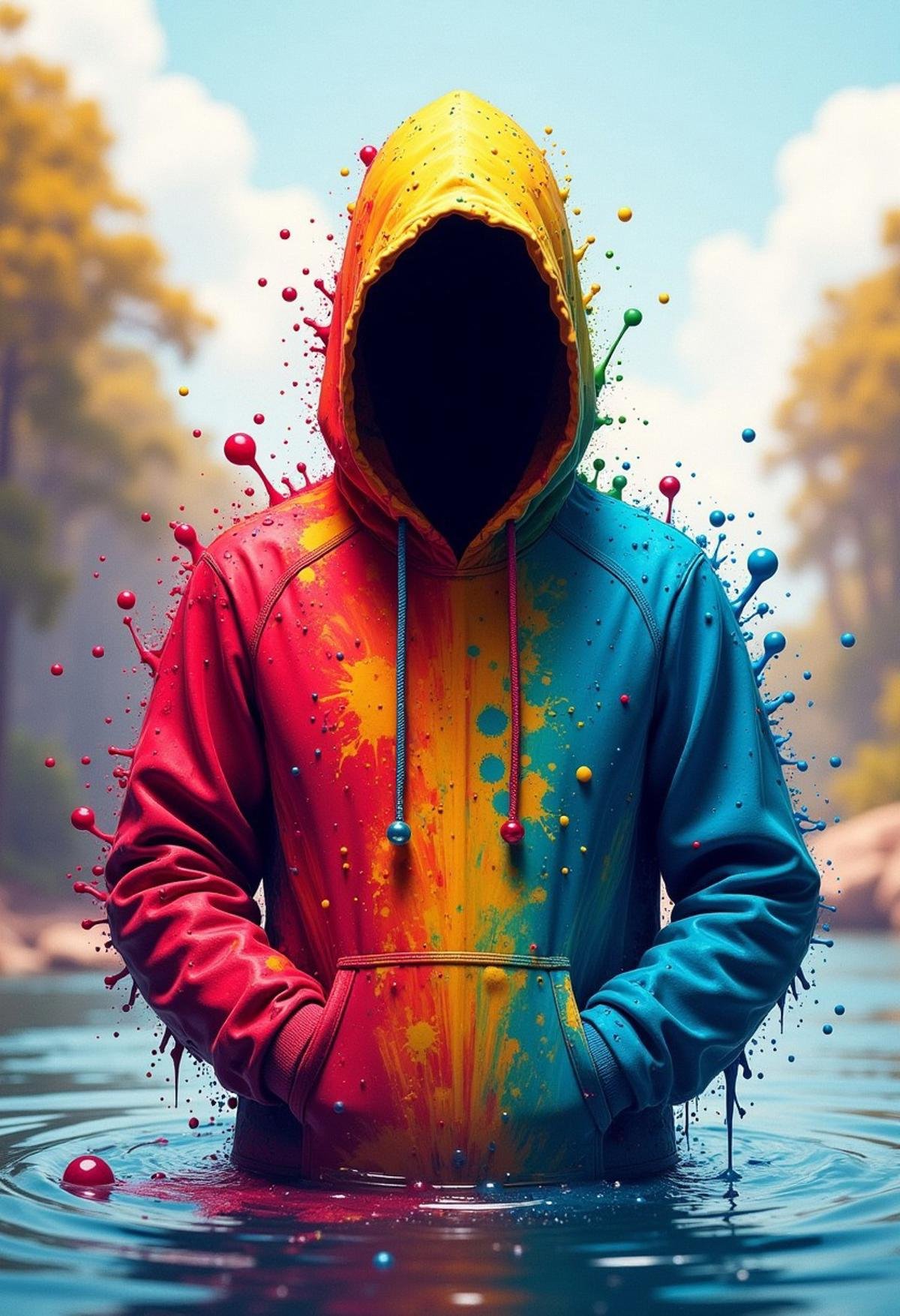 score_9, score_8_up, score_7_up, <lora:Ink_Splats:1>, ink splats, reaper wearing rainbow hoodie, river, color