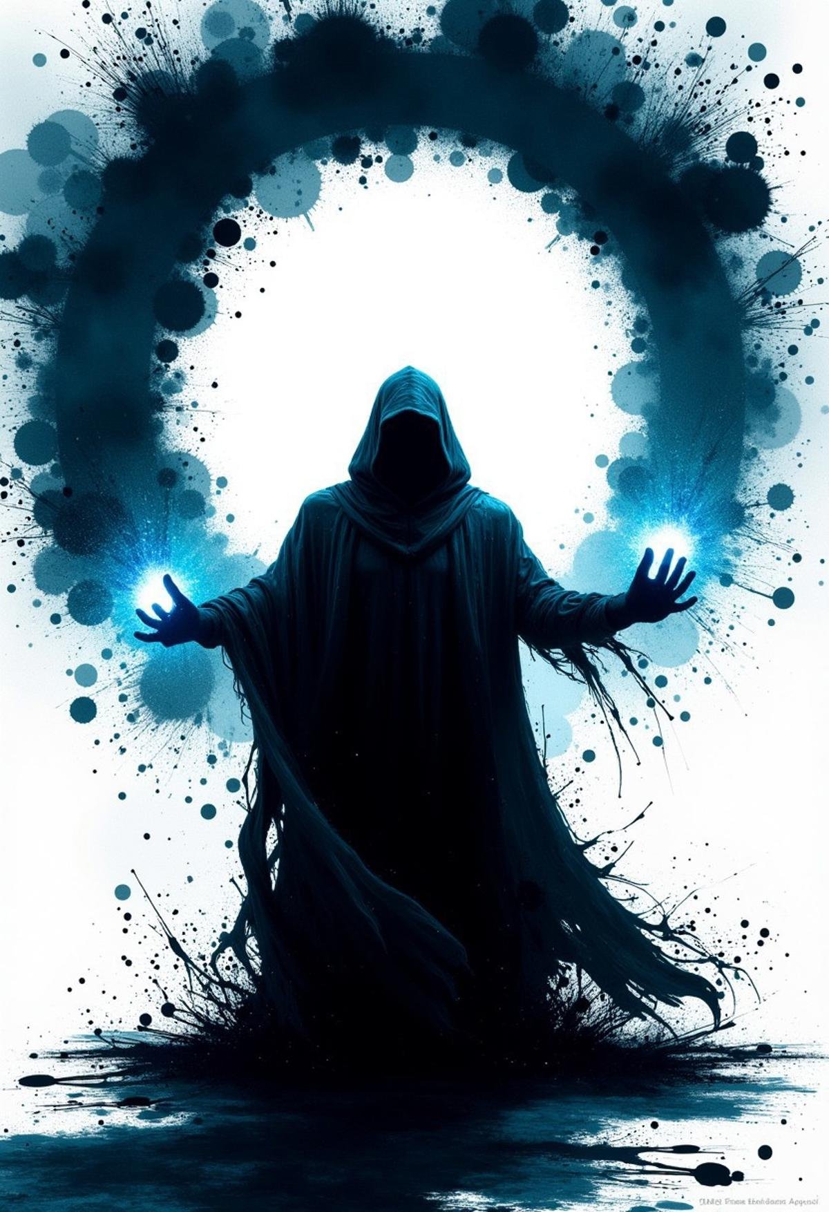 ink splats, Mysterious ink splats illustration of a cloaked figure summoning a portal, with ink splatters forming the swirling vortex, blending shades of dark blues and blacks with bright flashes of light, cinematic composition, 