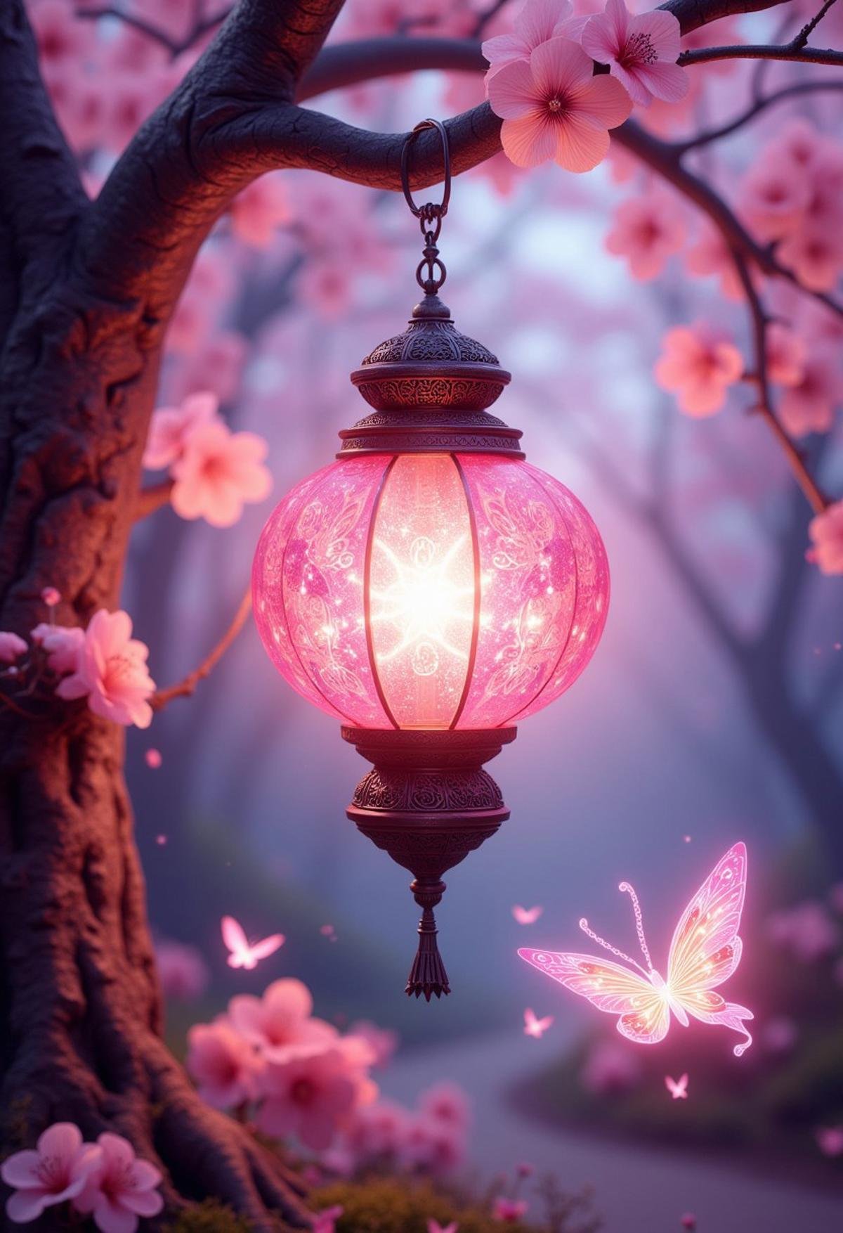 A radiant pink lantern with a soft, enchanting glow, hanging from a cherry blossom tree in a serene, otherworldly garden, with a glowing spirit butterfly fluttering around.