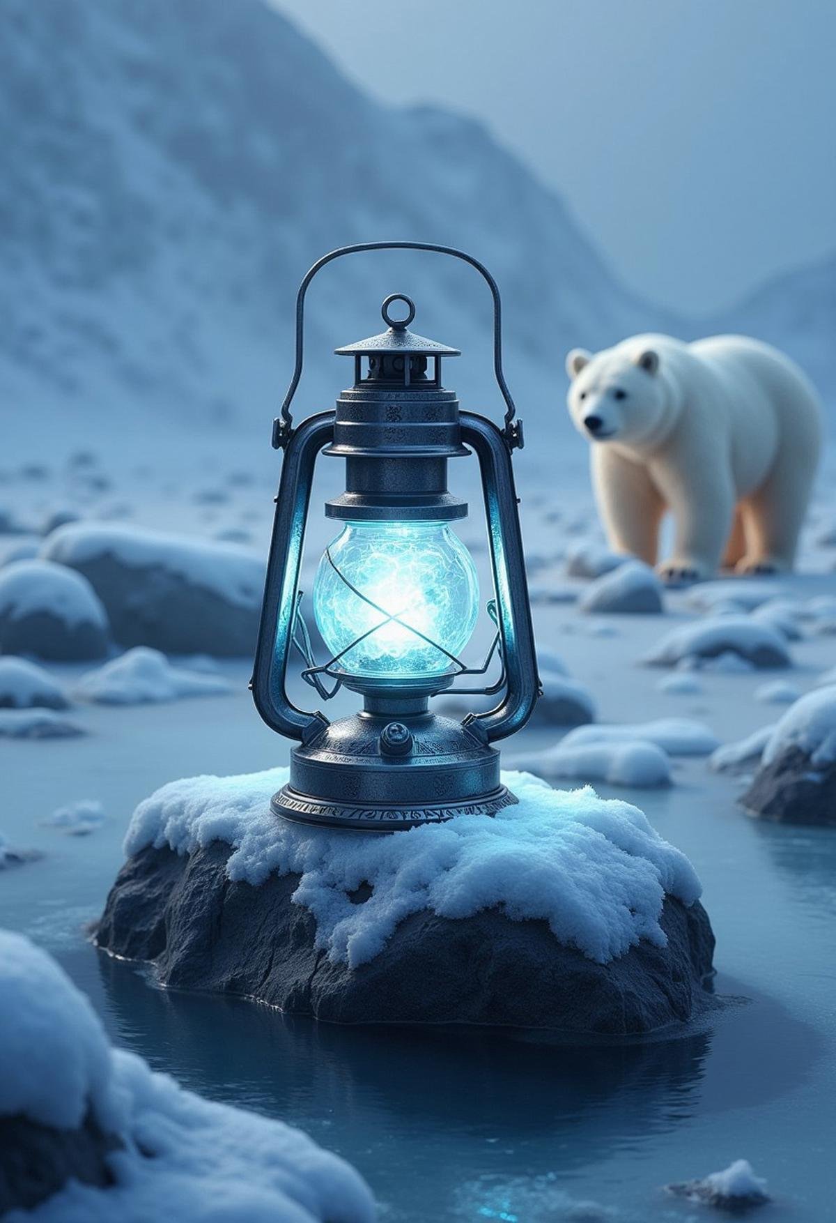 A silver lantern with a cool, icy glow, resting on a snow-covered rock in a frozen tundra, with a glowing polar bear standing guard in the distance.