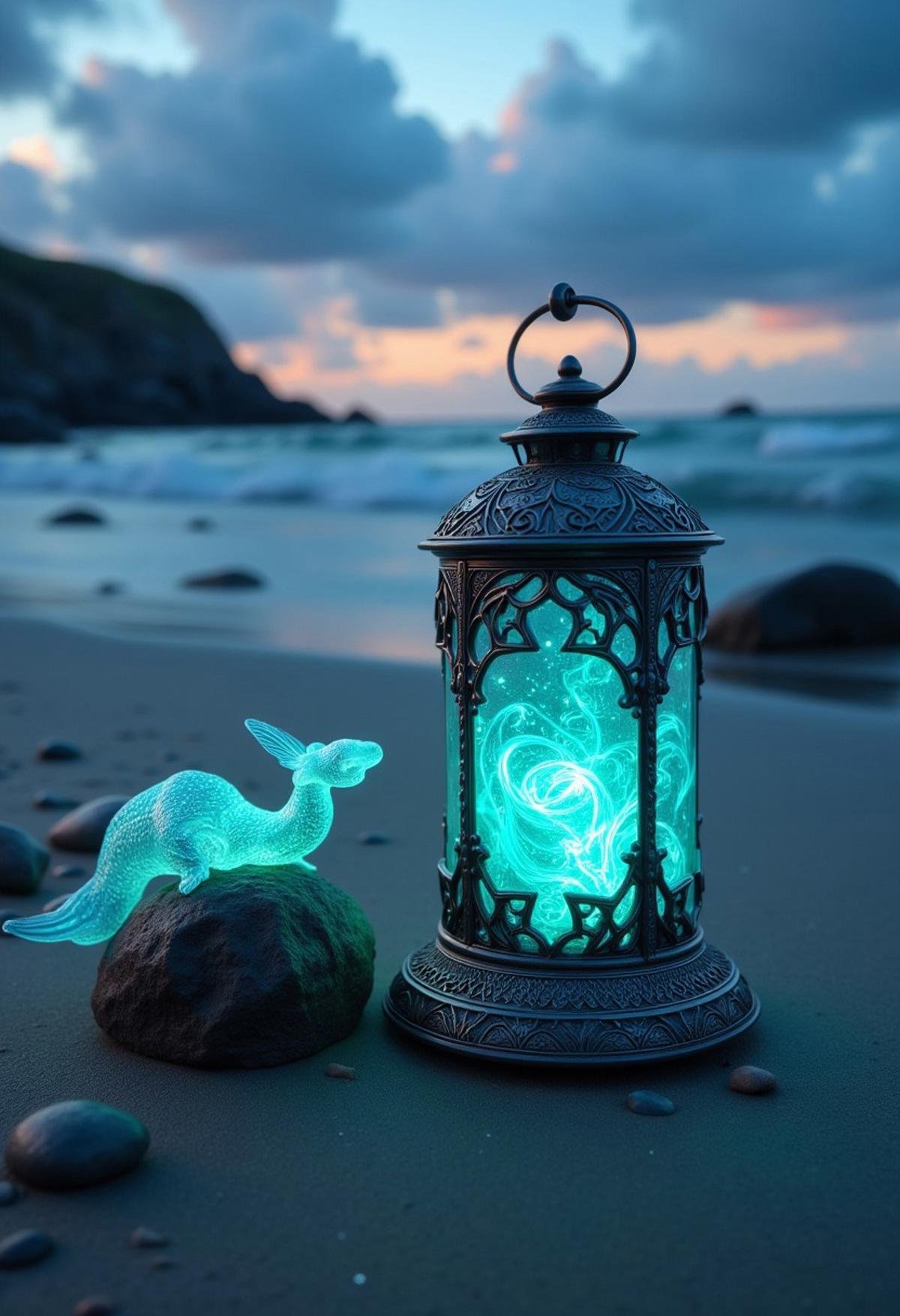 A turquoise lantern with a calming, oceanic glow, sitting on the sandy shore of a tranquil beach at dusk, with a glowing mermaid resting on a nearby rock.