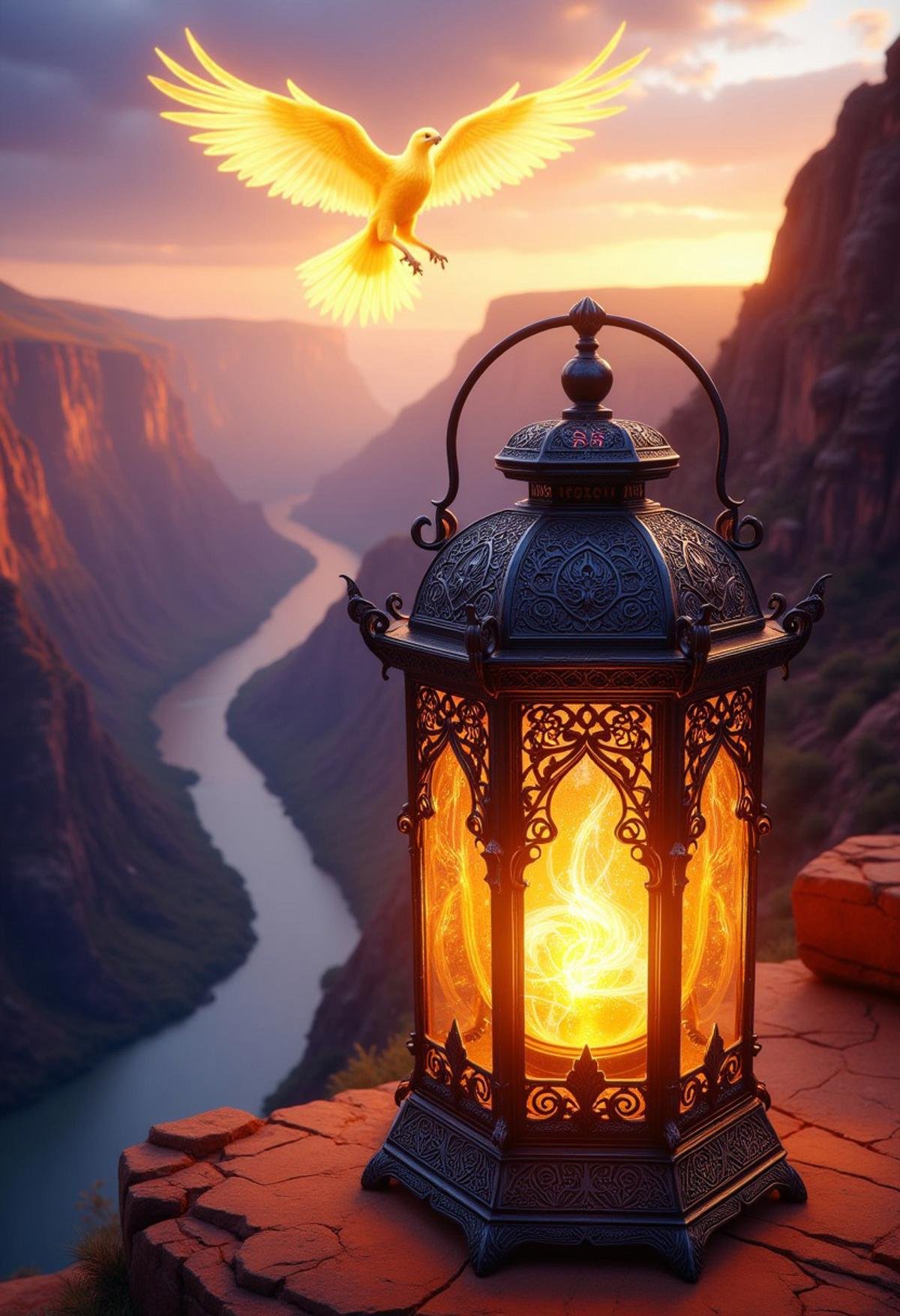 A shimmering lantern emitting a dazzling golden light, placed on a cliff overlooking a vast, colorful canyon, with a glowing spirit eagle soaring above.