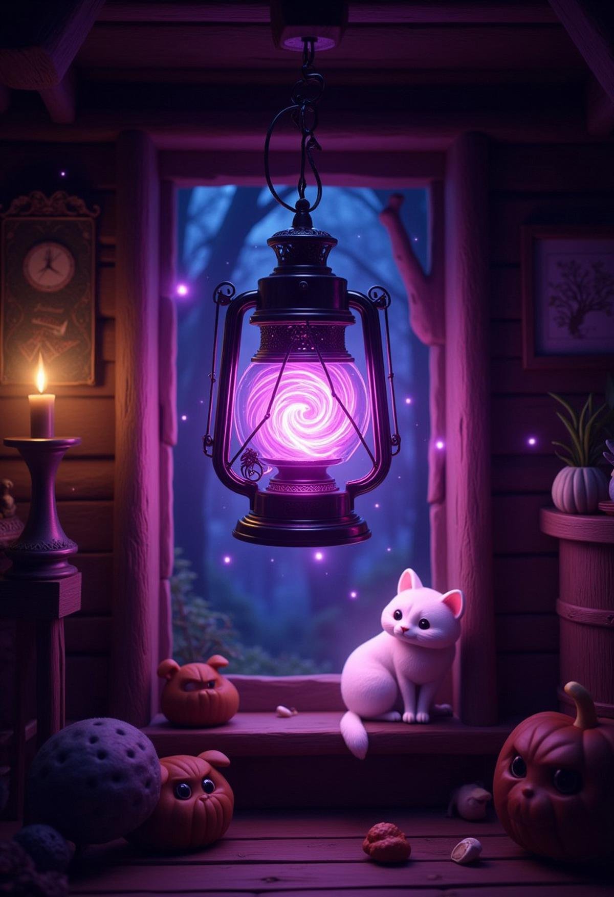 A violet lantern with a mystical, swirling light, hanging from a wooden beam in a cozy, rustic cabin, with a glowing cat curled up on the windowsill.