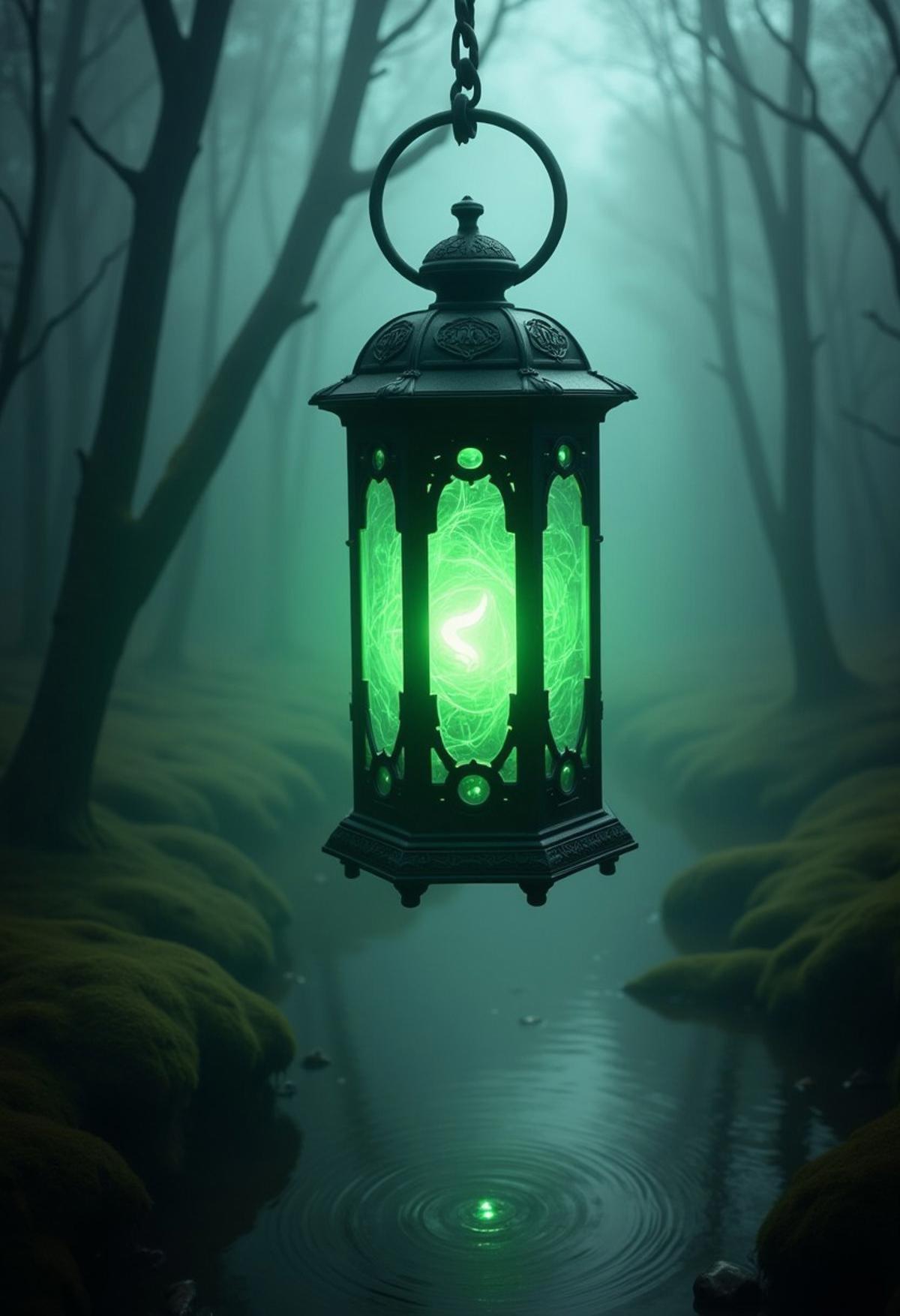 A green lantern with an eerie, phosphorescent light, floating above a murky swamp surrounded by fog.