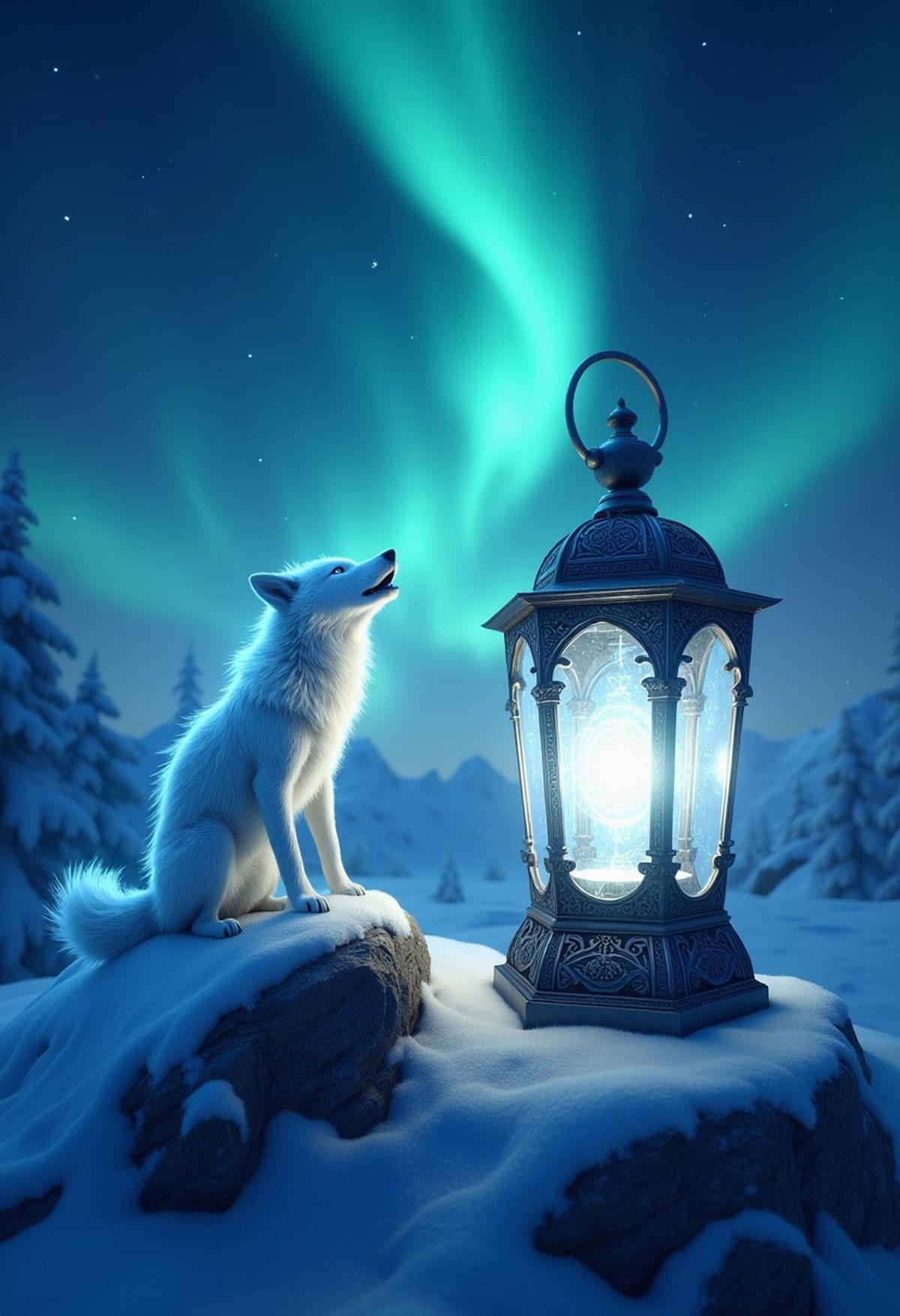 A dazzling white lantern with a pure, blinding light, placed on a snowy peak under the aurora borealis, with a glowing spirit wolf howling at the sky.