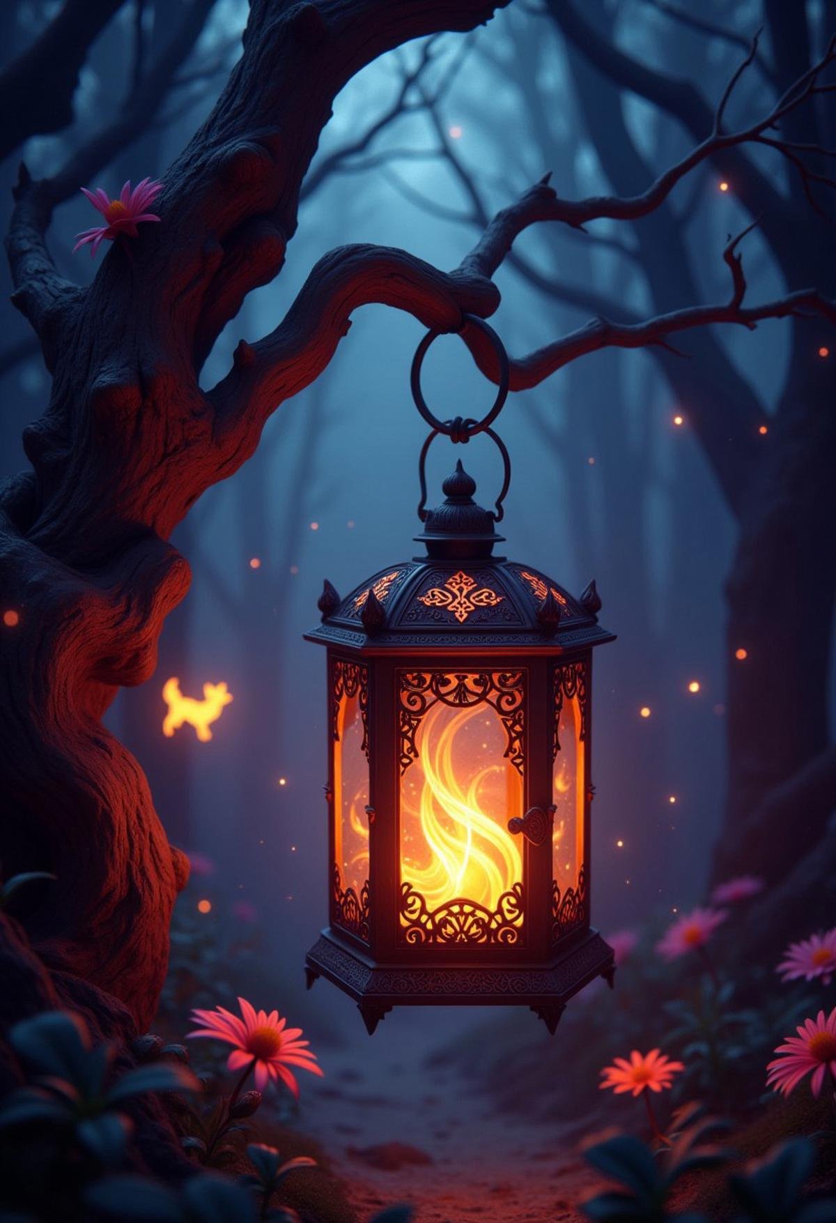 A crimson lantern glowing with a fiery light, hanging from a twisted tree in a dark, enchanted forest, with a glowing spirit fox weaving through the trees in the background.