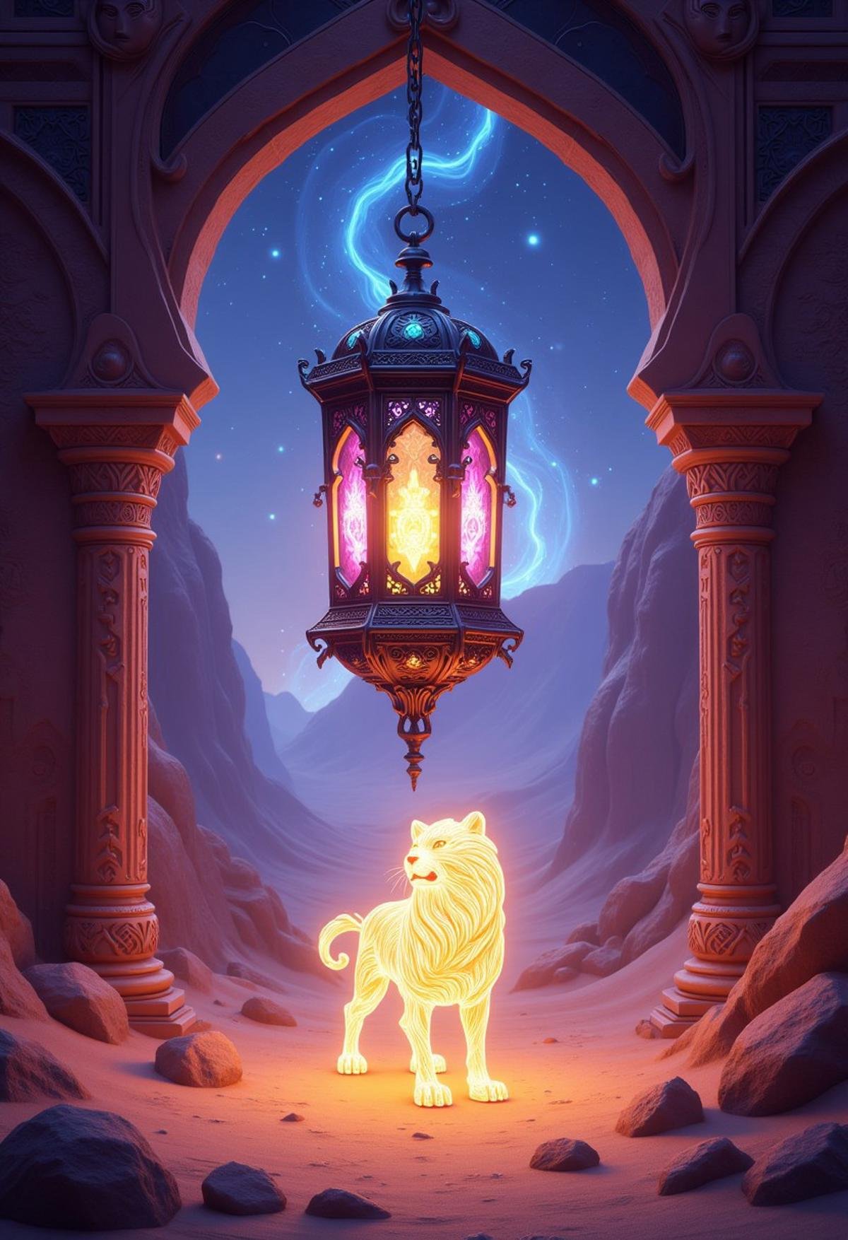 A multicolored lantern with a shifting, prismatic light, hanging from a mystical archway in an enchanted desert, with a glowing spirit lion standing guard.