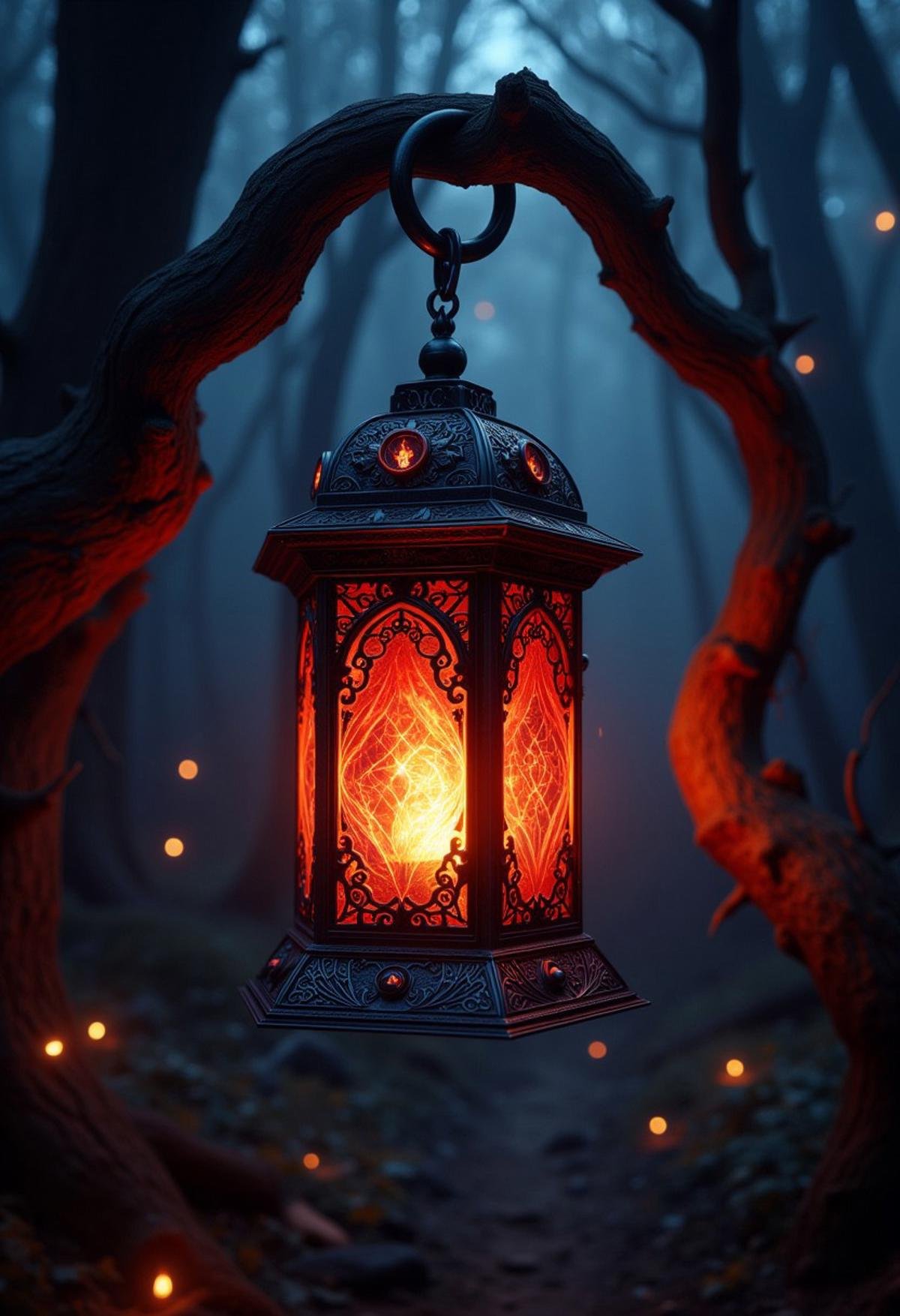 A crimson lantern glowing with a fiery light, hanging from a twisted tree in a dark, enchanted forest.