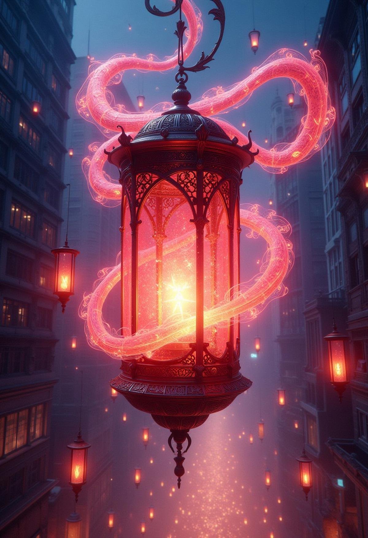 A radiant lantern glowing with a vibrant red light, suspended in the middle of a bustling, neon-lit cityscape, with a glowing spirit dragon weaving through the skyscrapers.