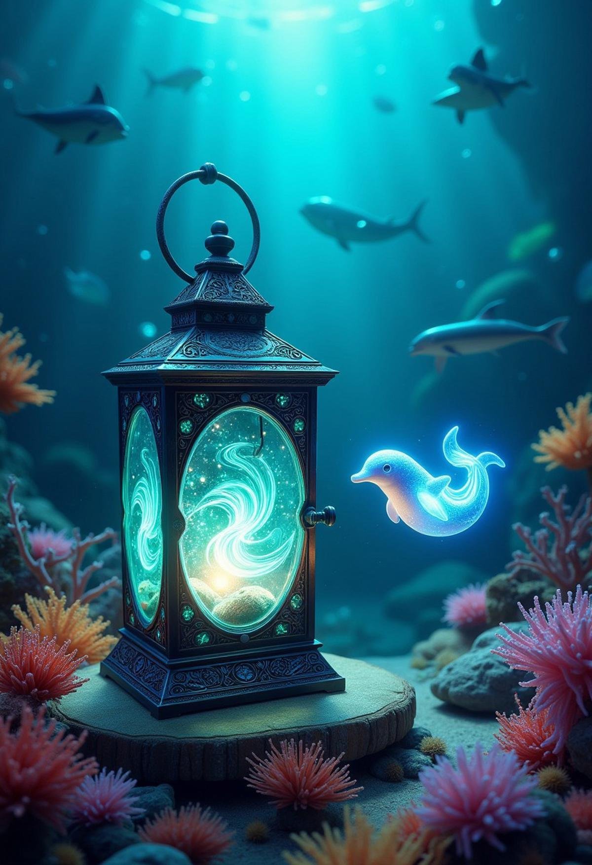 A vivid teal lantern with a calming, oceanic glow, resting on a coral reef in a vibrant underwater world, with a glowing spirit dolphin swimming nearby.