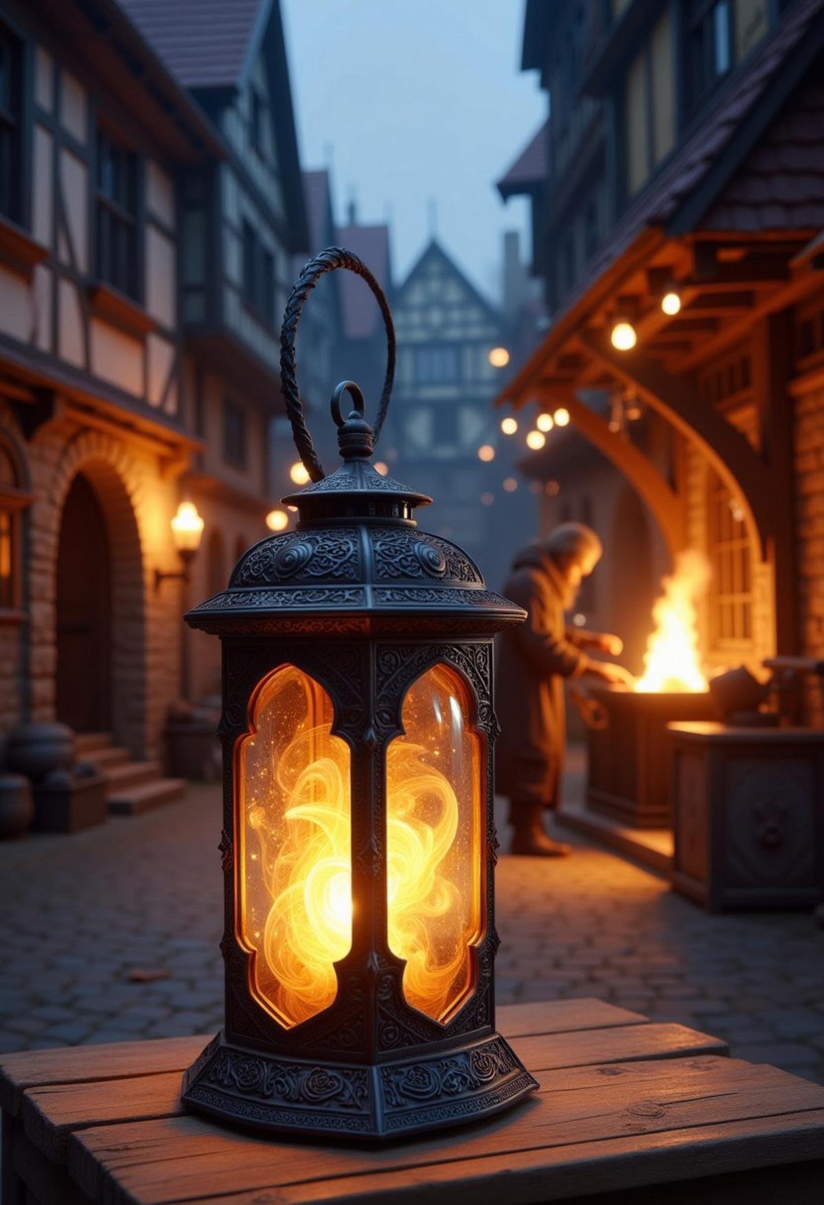 An amber lantern with a soft, flickering light, placed on a cobblestone street in a quaint, medieval village, with a glowing blacksmith working at his forge.