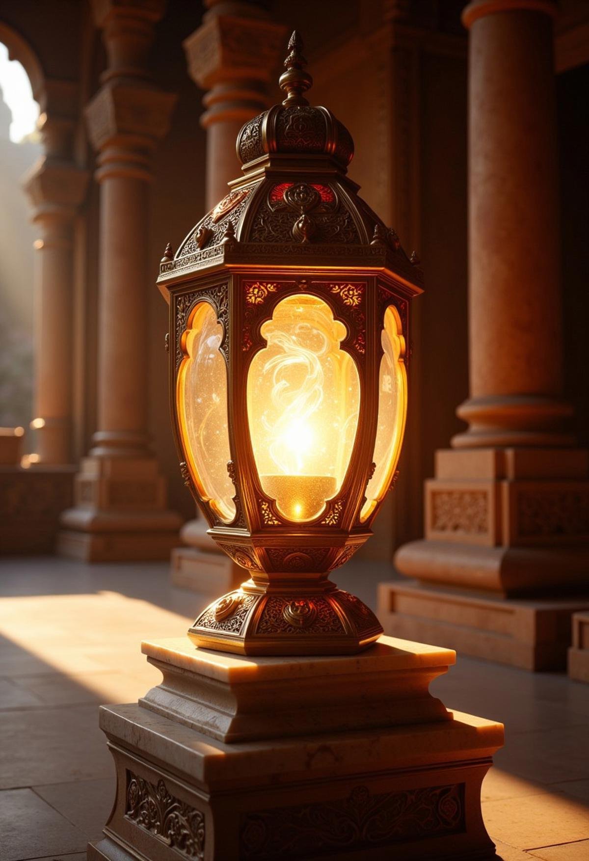 A golden lantern emitting a warm, radiant light, placed on a marble pedestal in an ancient temple.