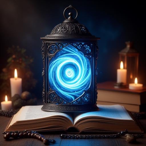 An lantern with a glowing blue swirl inside, placed on an open book, surrounded by lit candles, books, and a string of beads, creating a mystical and magical atmosphere.