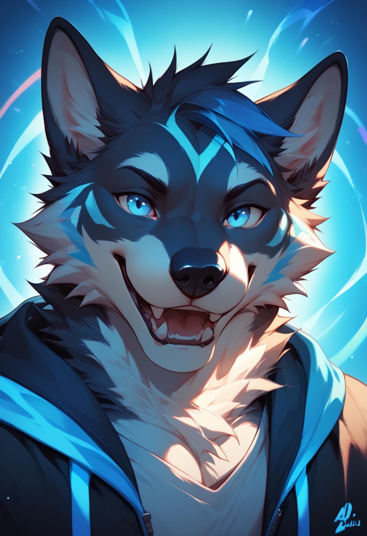 <lora:Azul:0.8> Azul, furry,  mature, male, portrait, cheerful, positive energy, vibrant background, close up shot, open mouth, teeth, wood, clothes, score_9, score_8_up, score_7_up, score_6_up,