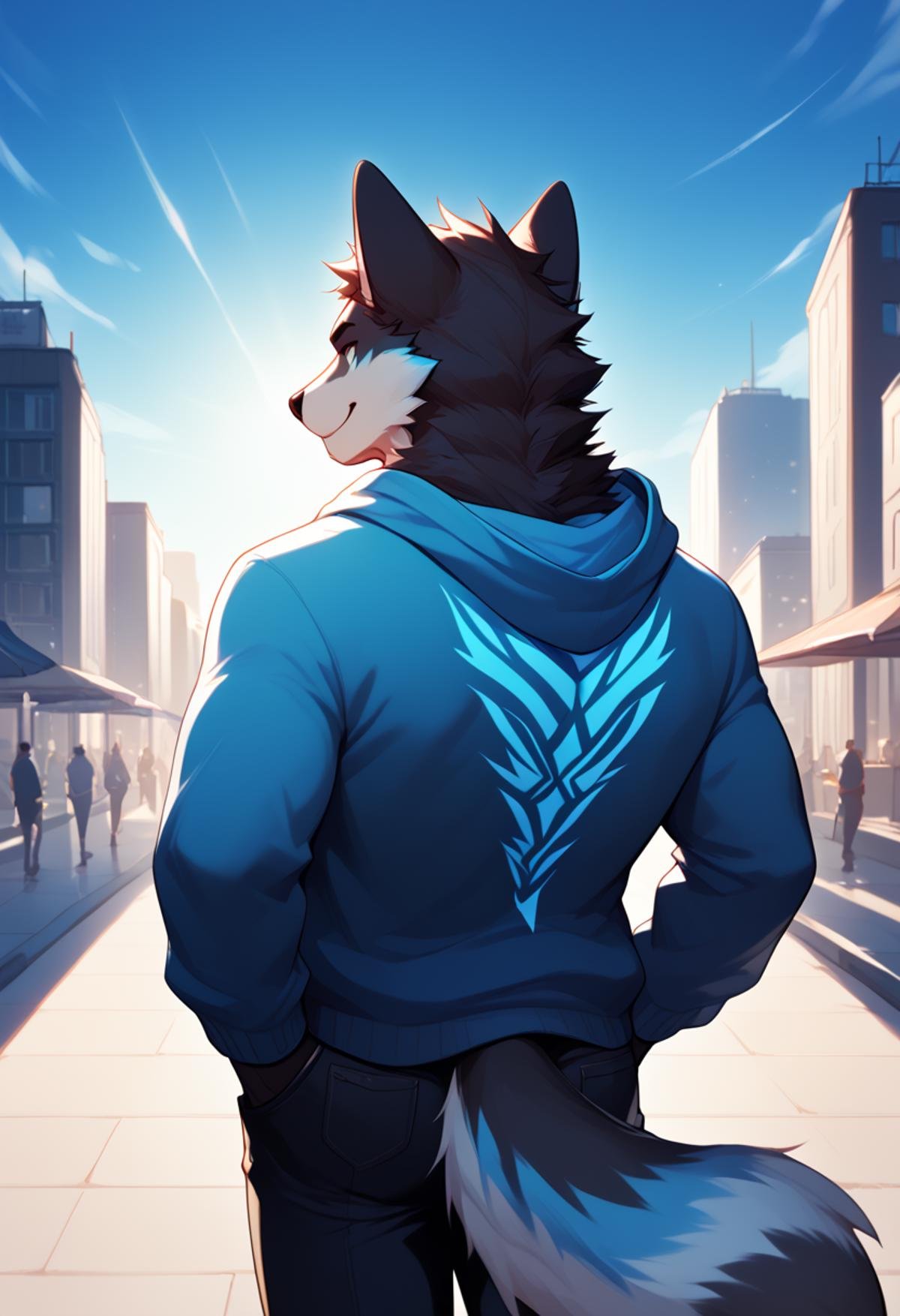 <lora:Azul:1>, azul,furry, mature, male,  portrait, cheerful, positive energy, hand in pockets, (walking:1.05), (motion blur:1.1), (dynamic:1.1), sun rays, new york, (taken by go pro:1.3), city, back view, hoodie down, score_9, score_8_up, score_7_up, score_6_up,