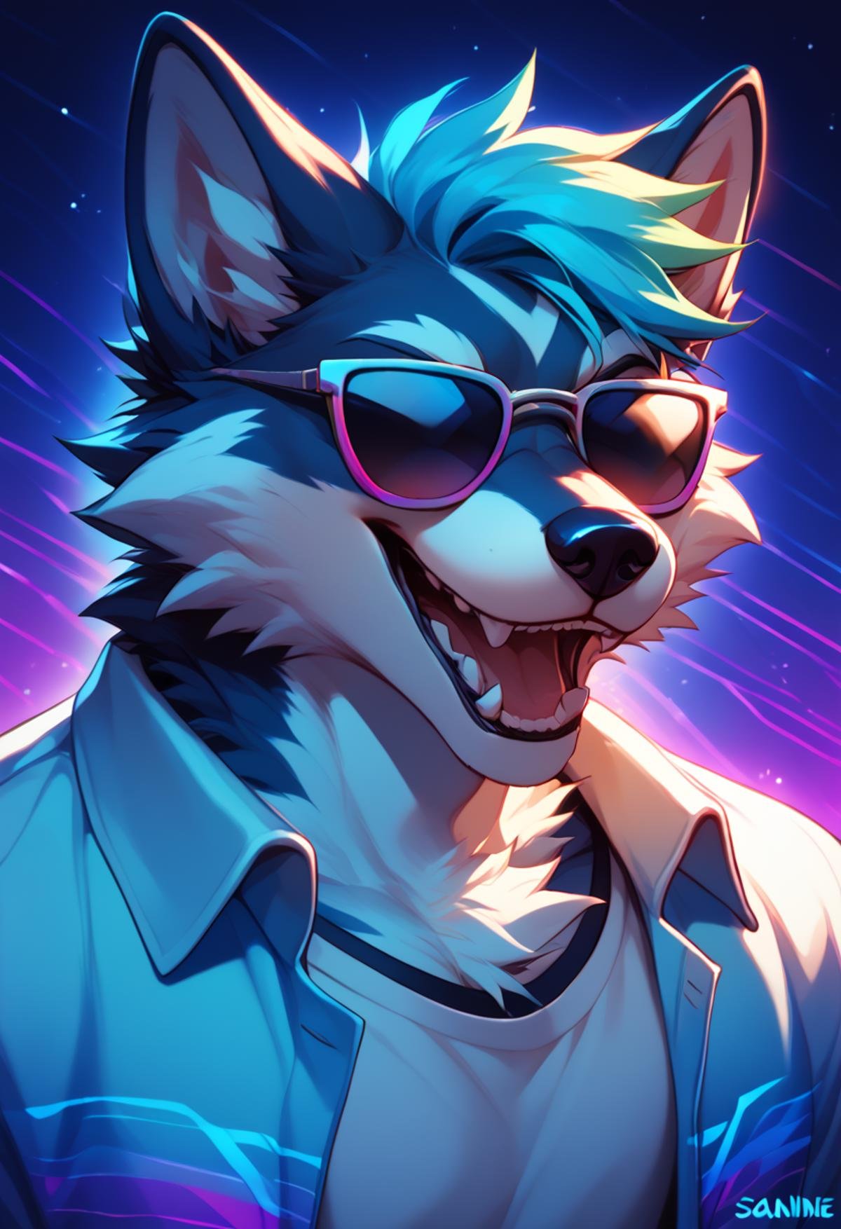 <lora:Azul:1>, azul,furry, mature, male,  portrait, cheerful, positive energy, vibrant background, close up shot , open mouth, teeth, sparkly, loose shirt, rainbow syntwave, vaporwave, scanlines, dark background,iconic sunglasses, cool,, score_9, score_8_up, score_7_up, score_6_up,