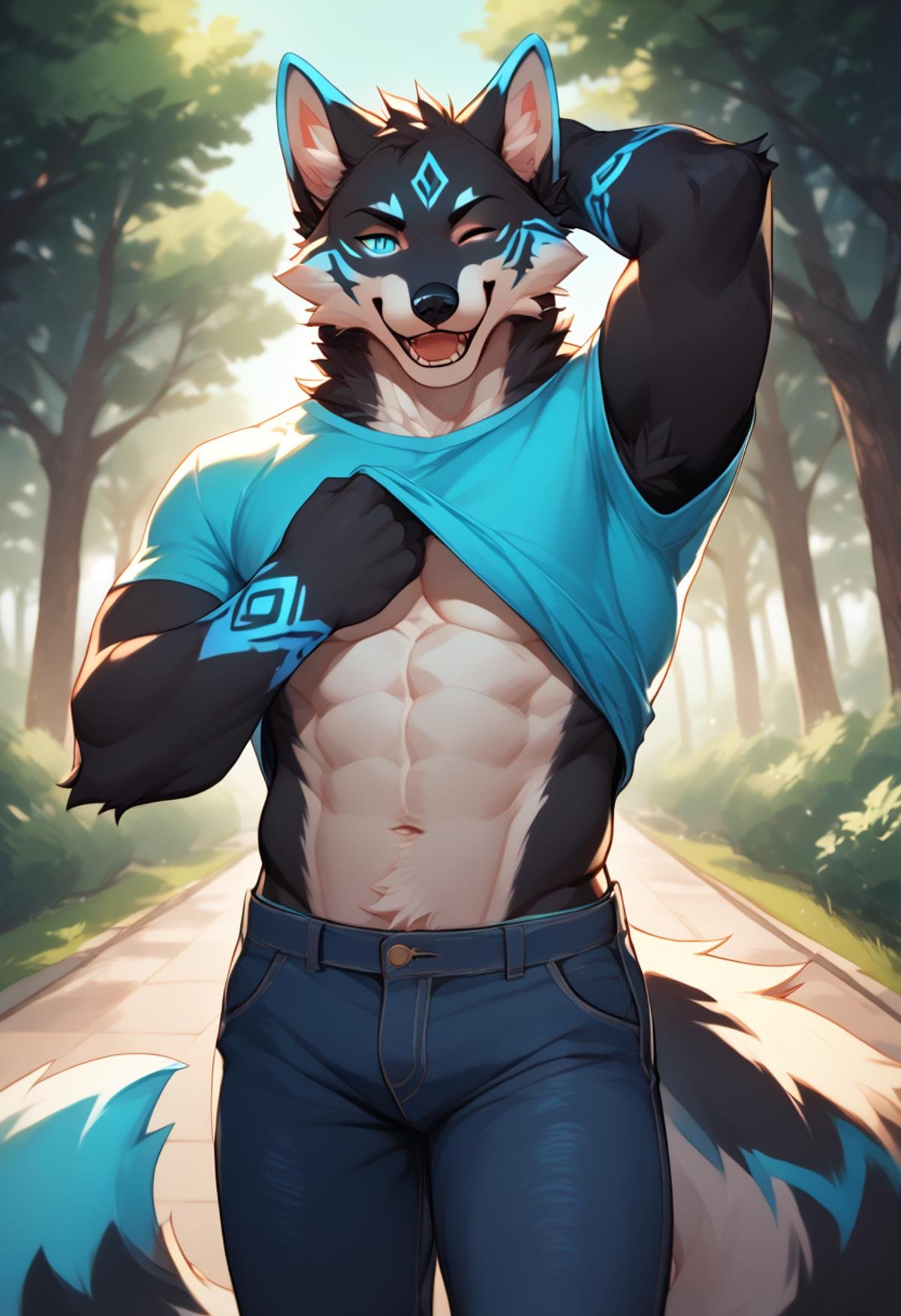 <lora:Azul:1>, azul,furry, mature, male, cheerful, positive energy, (dynamic:1.1), daytime, park,  (taking shirt off:1.2), lift shirt,  pulling shirt, open mouth, tease, wink, revealing pants, unzip pants, bright teal underwear, score_9, score_8_up, score_7_up, score_6_up,