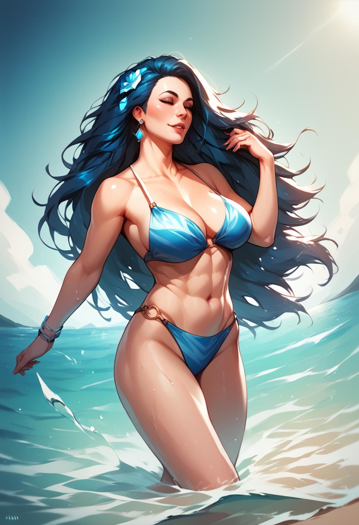 <lora:Azul:1>, azul, shirtless, swimming short, beach, mature, long hair, hair blow by wind, score_9, score_8_up, score_7_up, score_6_up, score_5_up, score_4_up