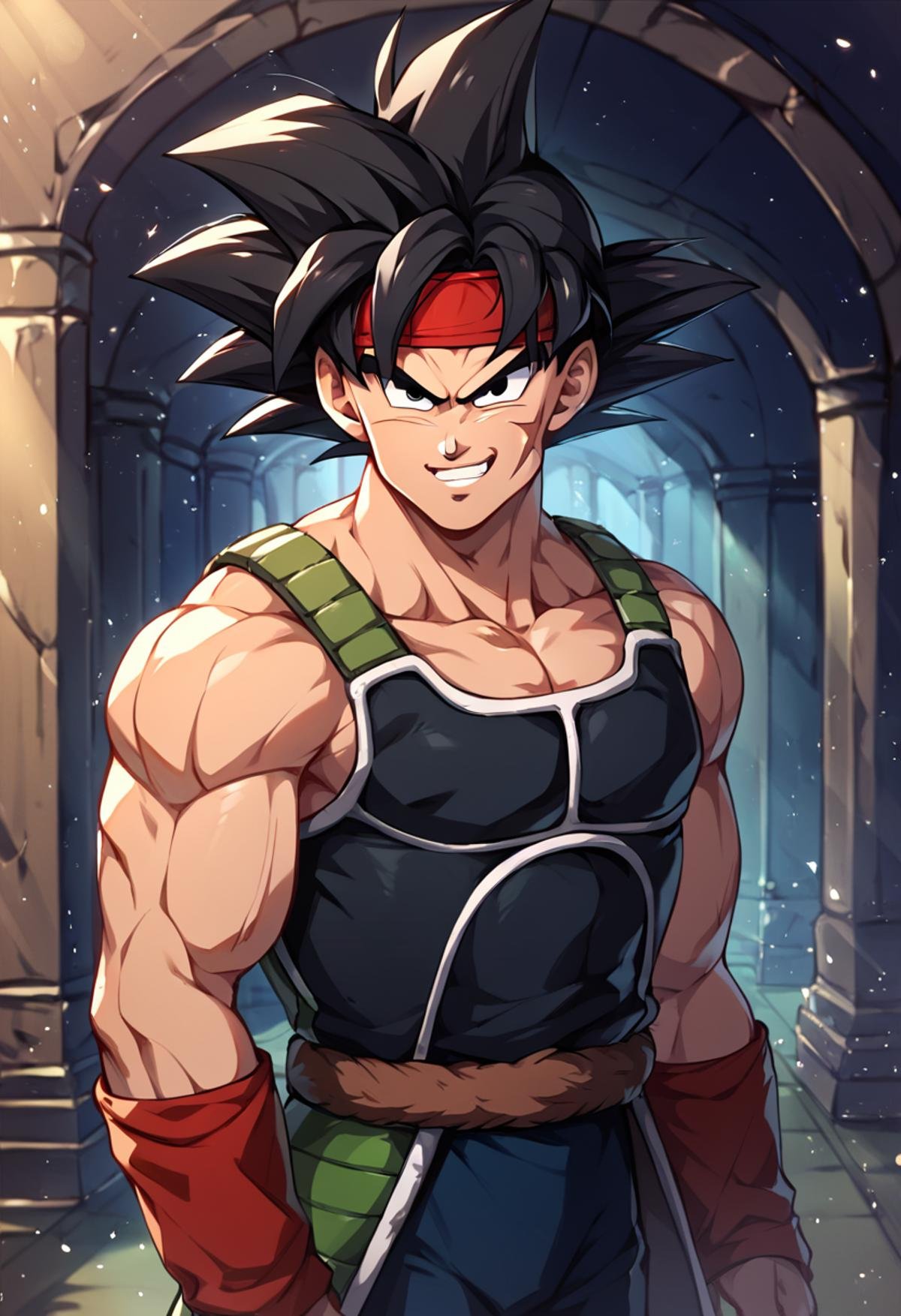 <lora:bardock:0.8>,rating_safe, bardock, 1boy,black eyes,black hair,cross scar,headband,male focus,red headband,scar,scar on cheek,solo,wristband,dark interior, particles, castle scene, cel shading, linear hatching, gloomy, dark, smile, score_9, score_8_up, score_7_up, score_6_up, score_5_up, score_4_up