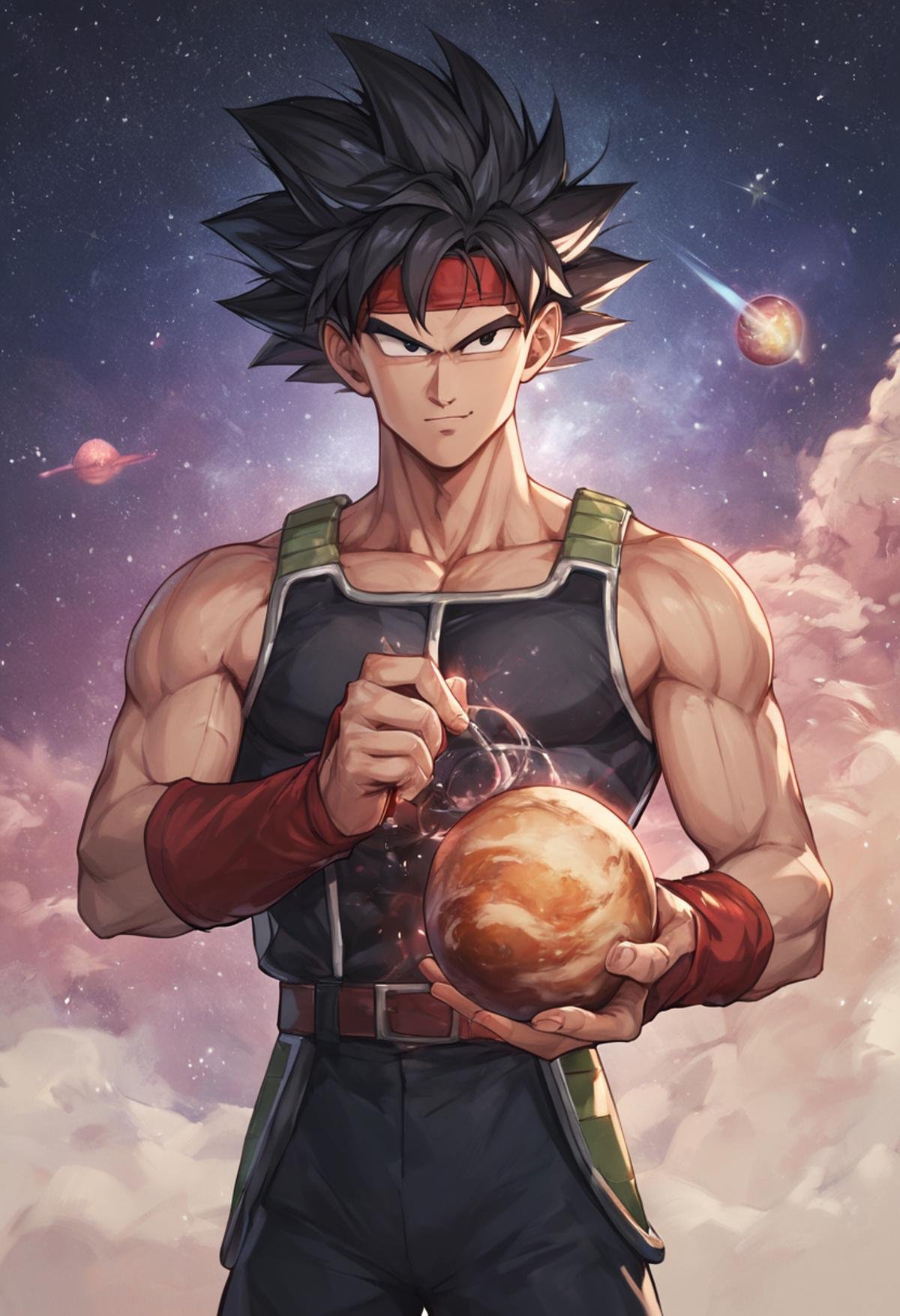 1boy and bardock, ,spiked hair,  black hair, black eye , <lora:bardock:0.8> , headband, holding planet, planet in hand, universe, galaxy, 8k wallpaper,  poster, score_9, score_8_up, score_7_up, score_6_up, score_5_up, score_4_up