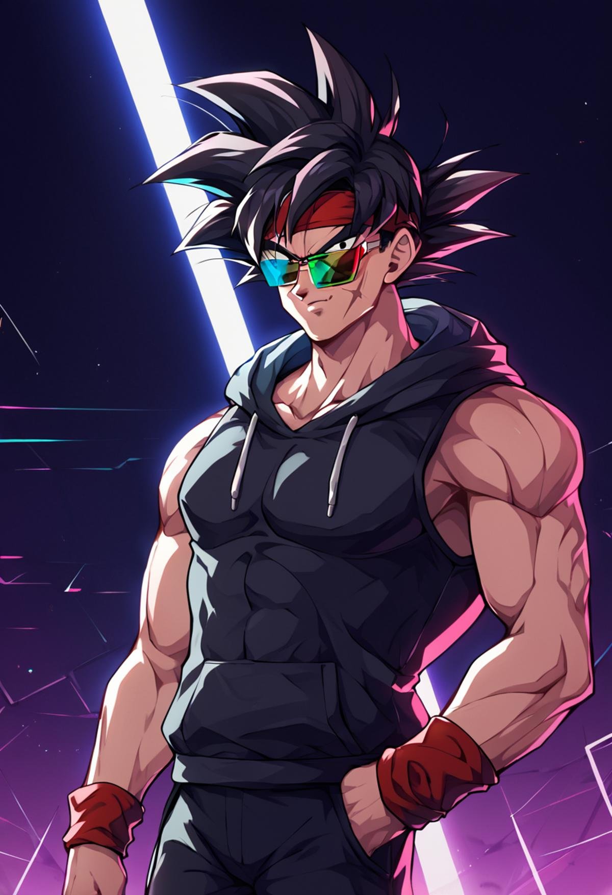 <lora:bardock:0.8>,rating_safe, bardock, 1boy,black eyes,black hair,cross scar,headband,male focus,red headband,scar,scar on cheek,solo,wristband,(black hoodie),black pant,low light, dramatic lighting, darkness, spotlight, neon, glow, rainbow syntwave, vaporwave, scanlines, dark background,iconic sunglasses, cool,, score_9, score_8_up, score_7_up, score_6_up, score_5_up, score_4_up