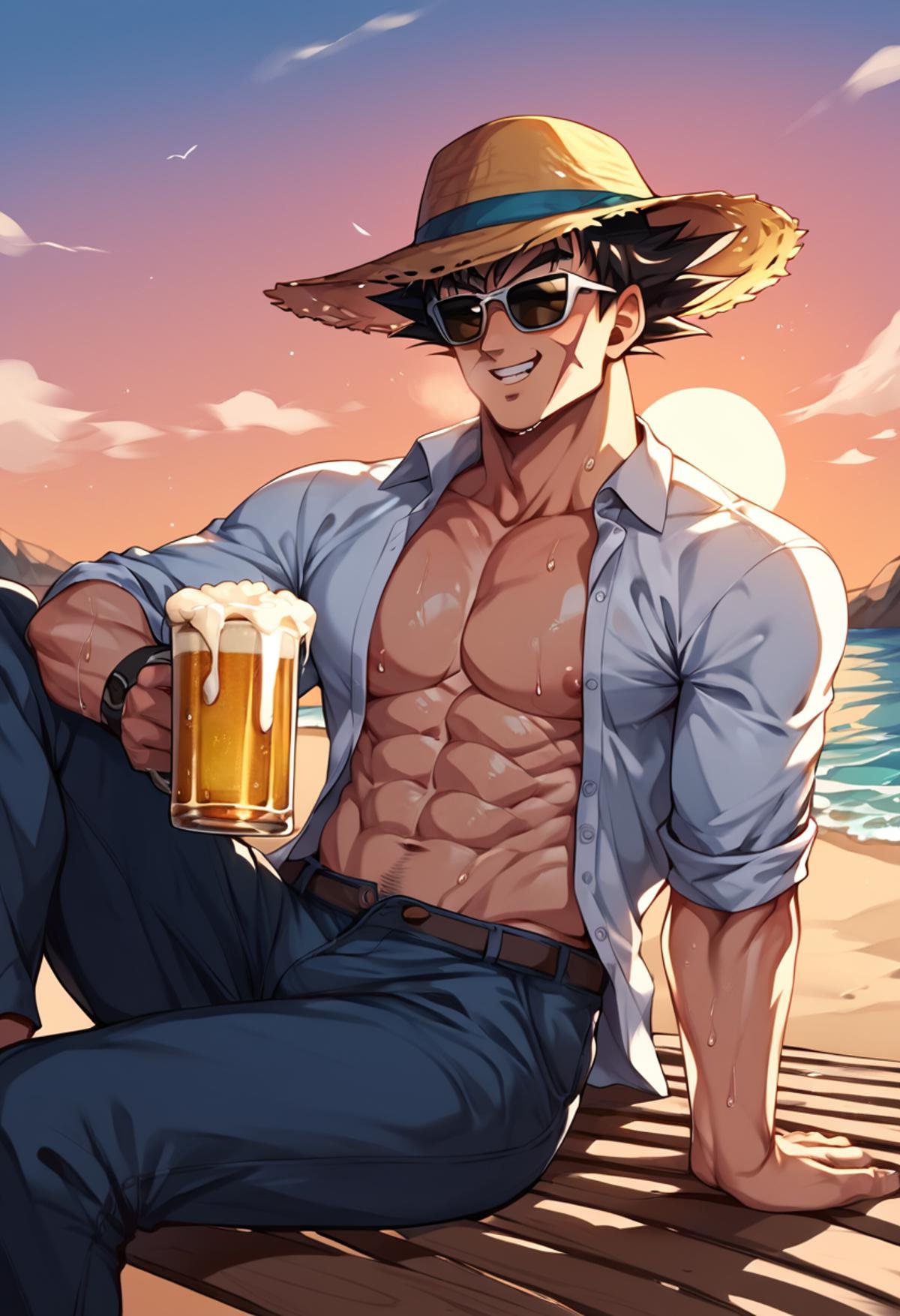 <lora:bardock:0.8>, bardock,scar on cheek, 1boy,straw hat, sunglasses, dress shirt, button-down shirt, unbuttoned shirt, sitting, drinking beer, beach, focus on the face, focus on the face, ((face detailed)), ((detailed face)), ((very detailed face)), ((very detailed face)), (((sweat))), (((heat))), (((strong sun)), score_9, score_8_up, score_7_up, score_6_up, score_5_up, score_4_up