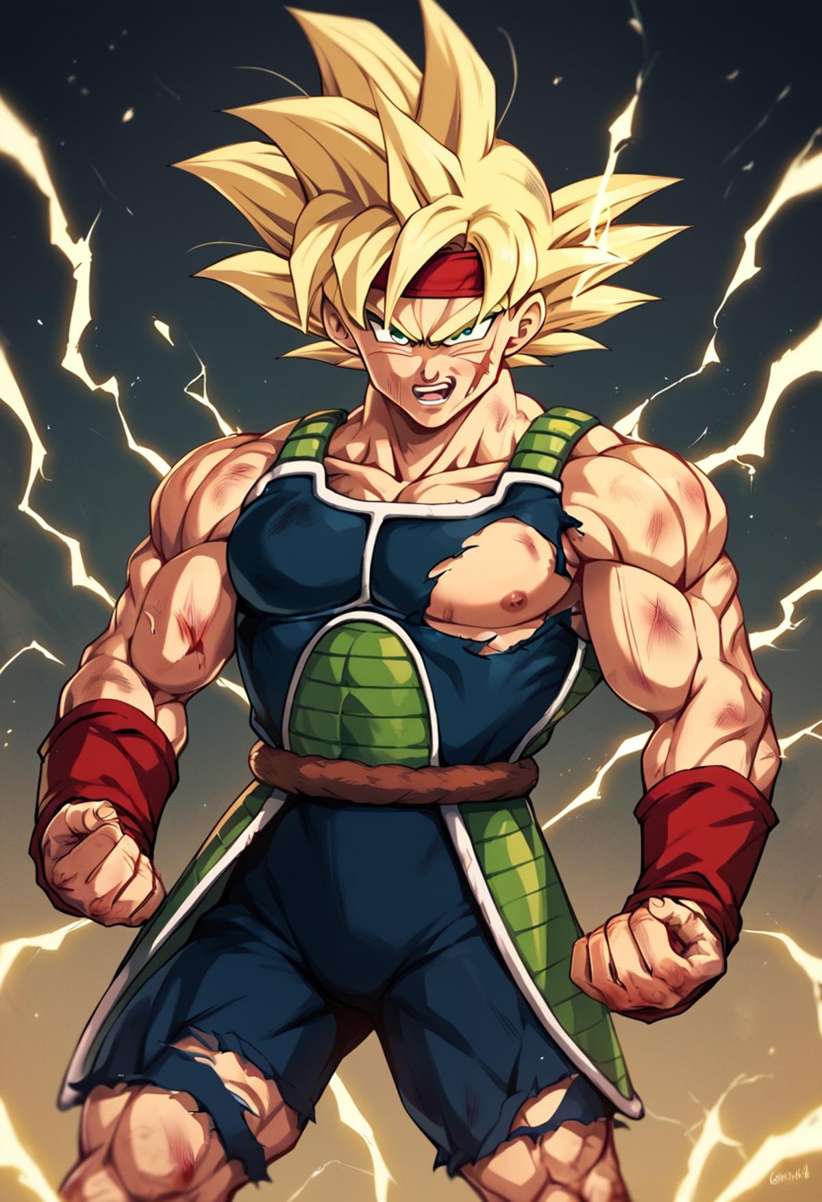 <lora:bardock:0.8>, bardock, 1boy,bare shoulders,biceps,blonde hair,blood,electricity,energy,green eyes,headband,male focus,red headband,scar,scar on cheek,scar on face,scratches,solo,spiked hair,super saiyan, torn bodysuit,torn clothes,torn legwear, score_9, score_8_up, score_7_up, score_6_up, score_5_up, score_4_up