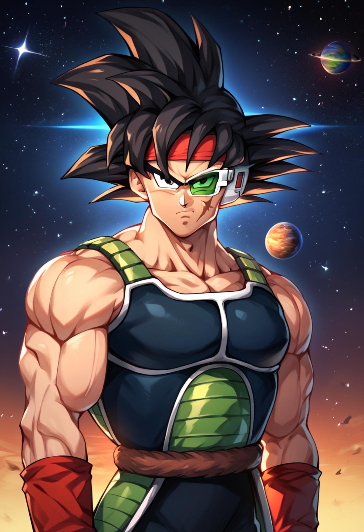 <lora:bardock:1>, bardock, by mattari illust, 1boy,black eyes,black hair,closed mouth,cross scar,headband,male focus,muscular,muscular male,planet,red headband,saiyan armor,scar,scar on cheek,scar on face,serious,solo,space,wristband, (eye glass), score_9, score_8_up, score_7_up, score_6_up, score_5_up, score_4_up