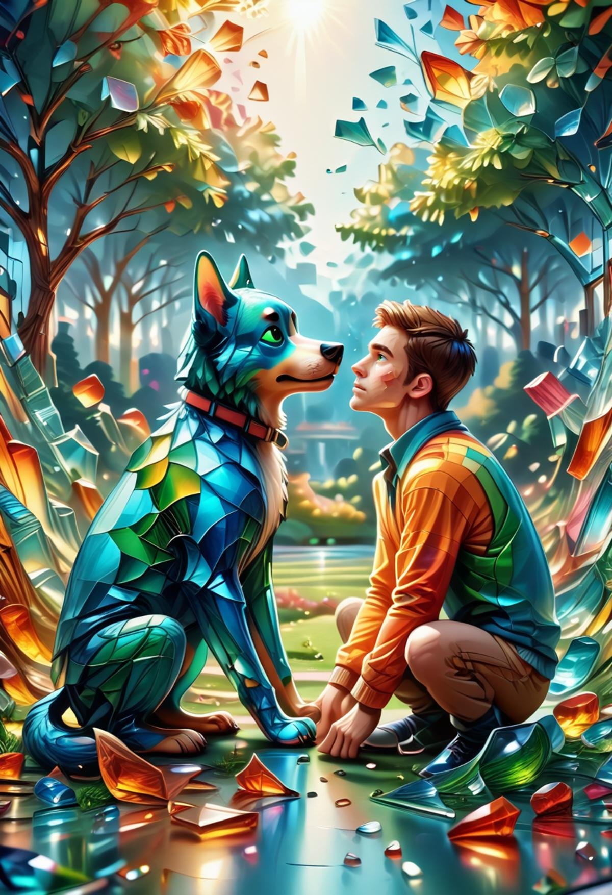 score_9, score_8_up, score_7_up,   <lora:Glass_Shard_Style:1>, glass shard, park, side view, dog and human,  brown hair, green eye, sitting down, male, duo