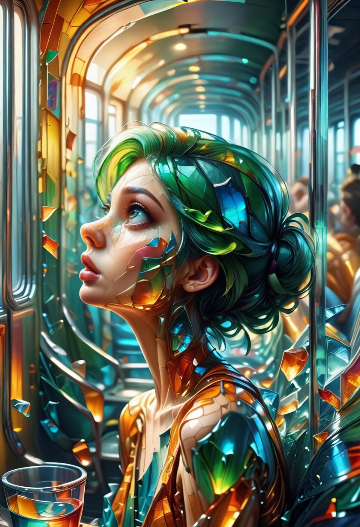 score_9, score_8_up, score_7_up,   <lora:Glass_Shard_Style:1>, glass shard, subway, side view, looking up, green hair, hazel eye, sitting down