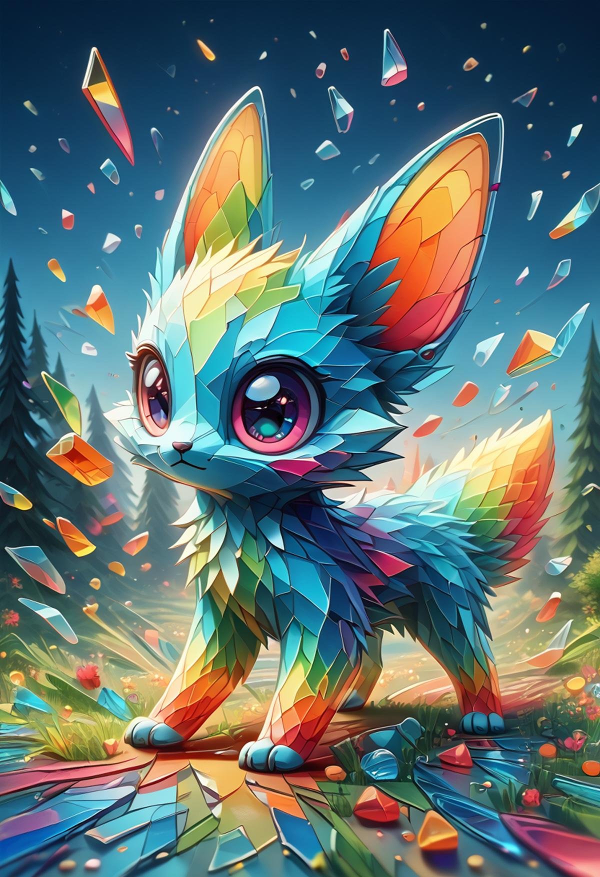 <lora:Glass_Shard_Style:1>, glass shard, A vibrant illustration of a colorful, cute creature with big, sparkling eyes and fluffy fur, surrounded by an adorable background of pastel-colored trees and flowers. The creature is holding a glass shard that catches the light, creating a rainbow reflection. The scene is filled with tiny magical details, like glowing fireflies and twinkling stars in the soft, dreamy sky, cinematic composition,