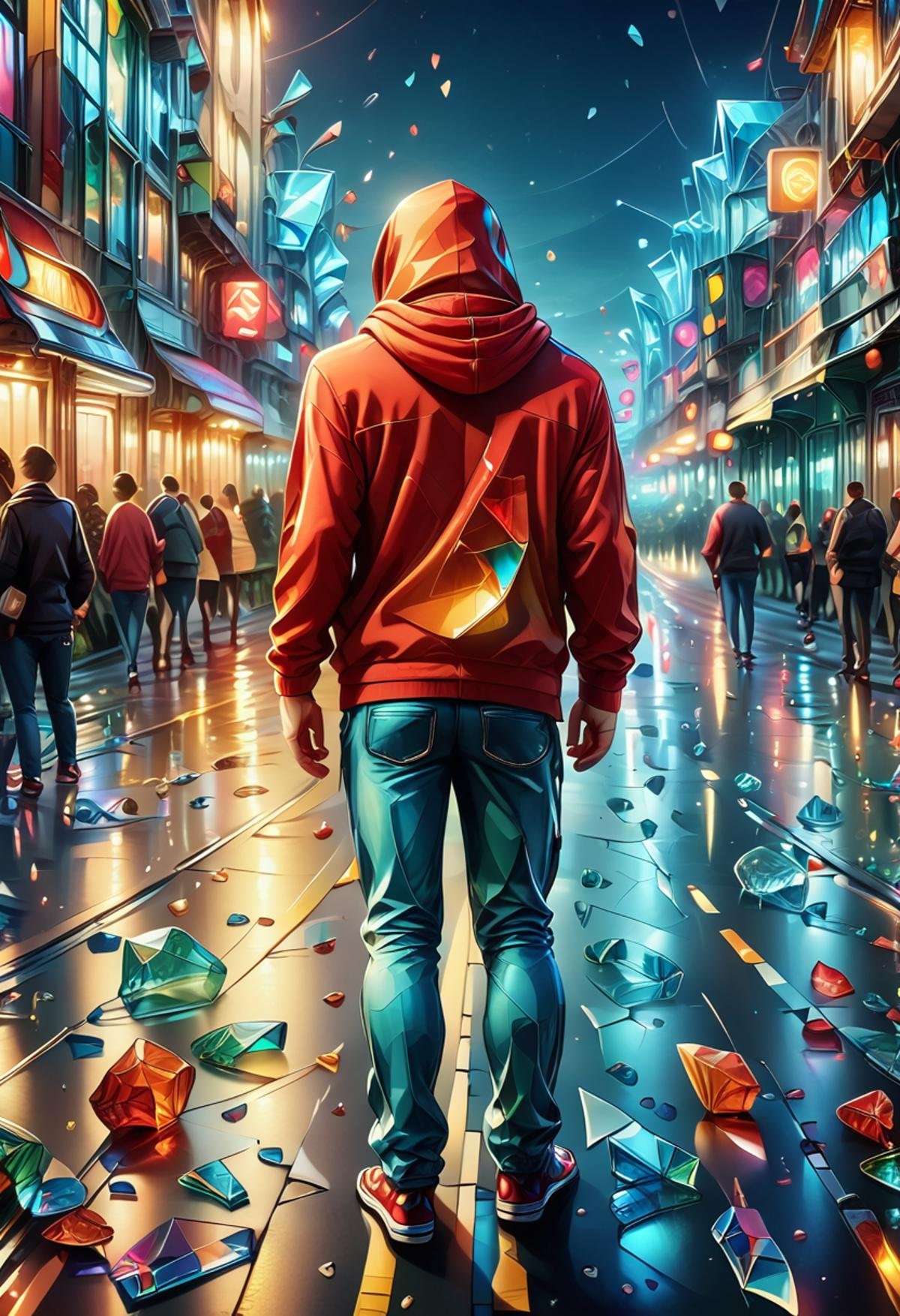 score_9, score_8_up, score_7_up,   <lora:Glass_Shard_Style:1>, glass shard, city, road, 1man, red hoodie, back view, street light, crowd