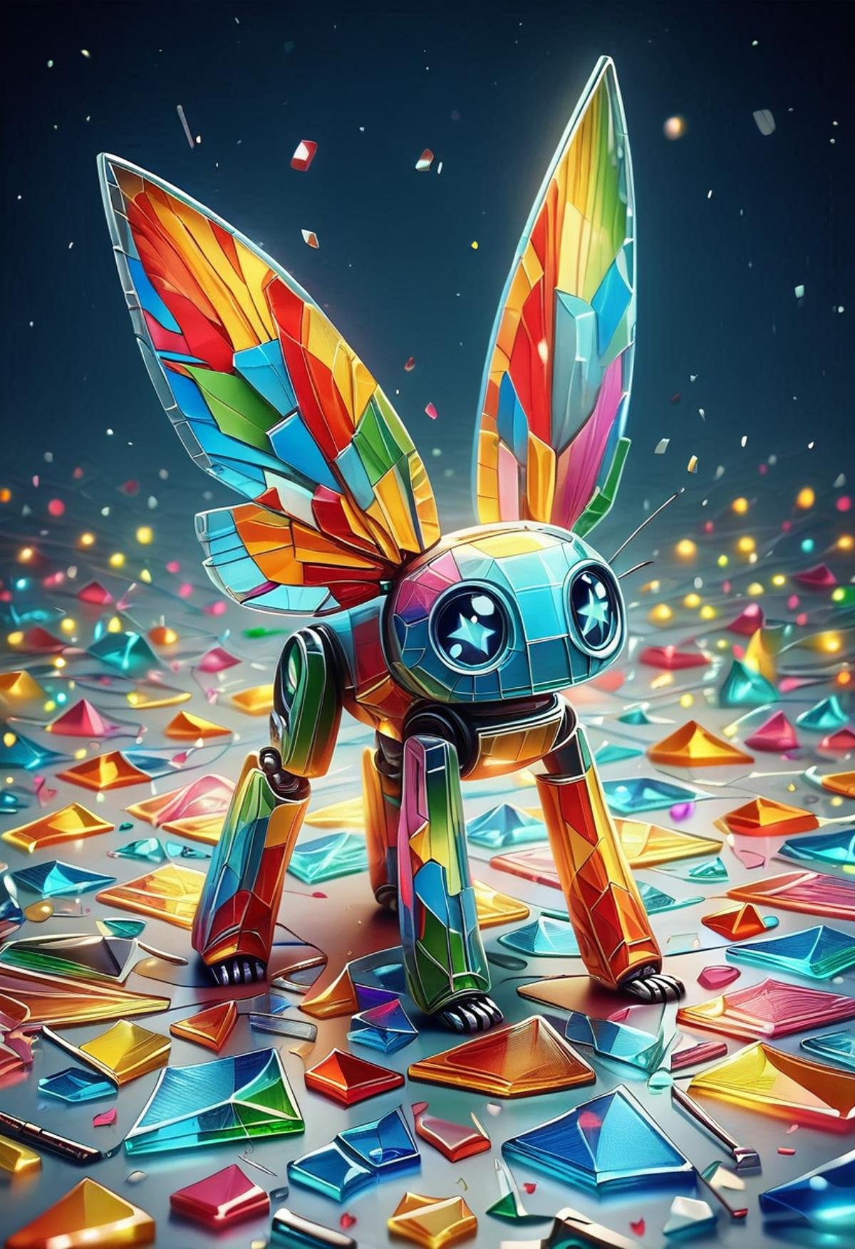 <lora:Glass_Shard_Style:1>, glass shard, A vibrant illustration of a colorful, cute toy robot with big, sparkling eyes and a glossy, metallic finish, standing on a winding, cobblestone road. The road is surrounded by an adorable background of pastel-colored trees and flowers. The robot is holding a glass shard that catches the light, creating a rainbow reflection. The scene is filled with tiny magical details, like glowing fireflies and twinkling stars in the soft, dreamy sky, cinematic composition