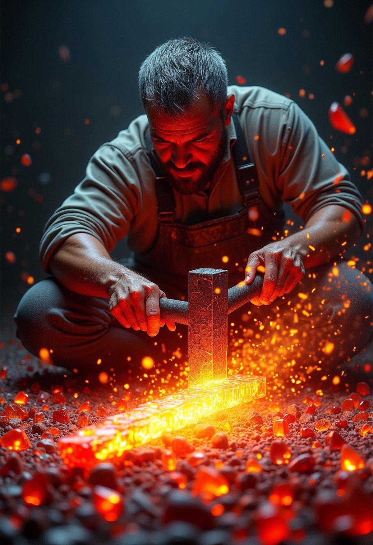 A male blacksmith hammering a red-hot glass shard blade, sparks flying as each strike sends shards splintering off into the air, the forge surrounded by piles of broken glass shards, each piece glowing with an inner light, while the final weapon glows with intense power, ready for battle.