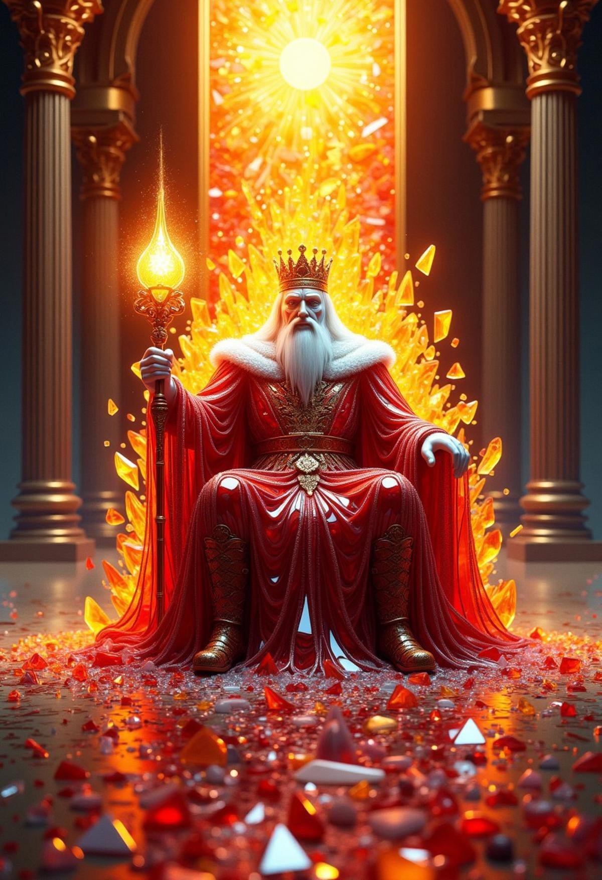 A king seated on a throne made of thousands of interlocked glass shards, each shard catching the light of a blazing sun and scattering it across the grand hall, with glass shard chandeliers hanging above, casting brilliant patterns on the floor as the king holds a glass shard scepter that pulses with power.