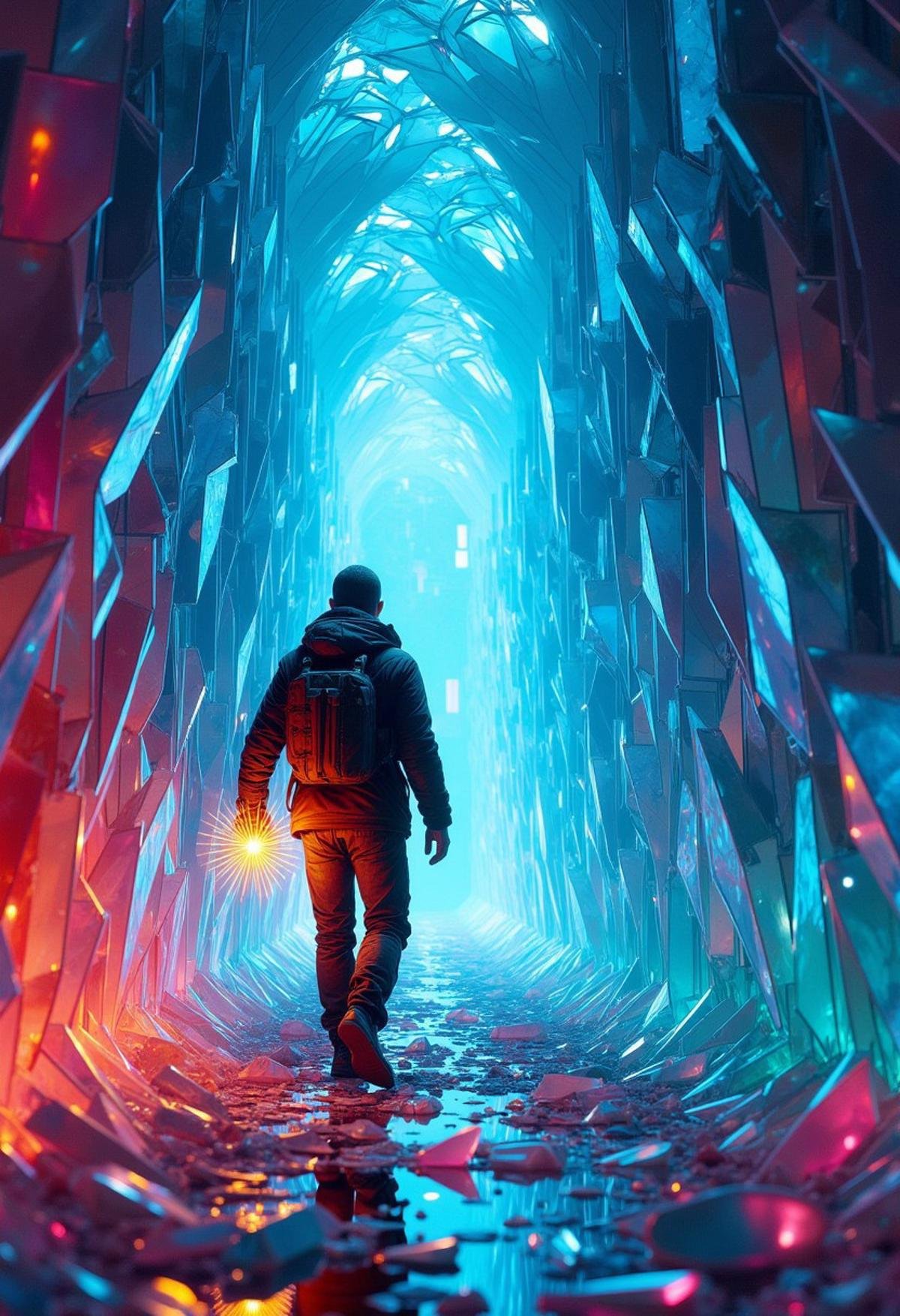 A male adventurer navigating through a labyrinth made entirely of sharp, angular glass shards, with every wall, floor, and ceiling reflecting vibrant hues from an unseen light source, his path littered with shattered glass that crunches under his boots as he cautiously moves forward, clutching a glowing glass shard compass.