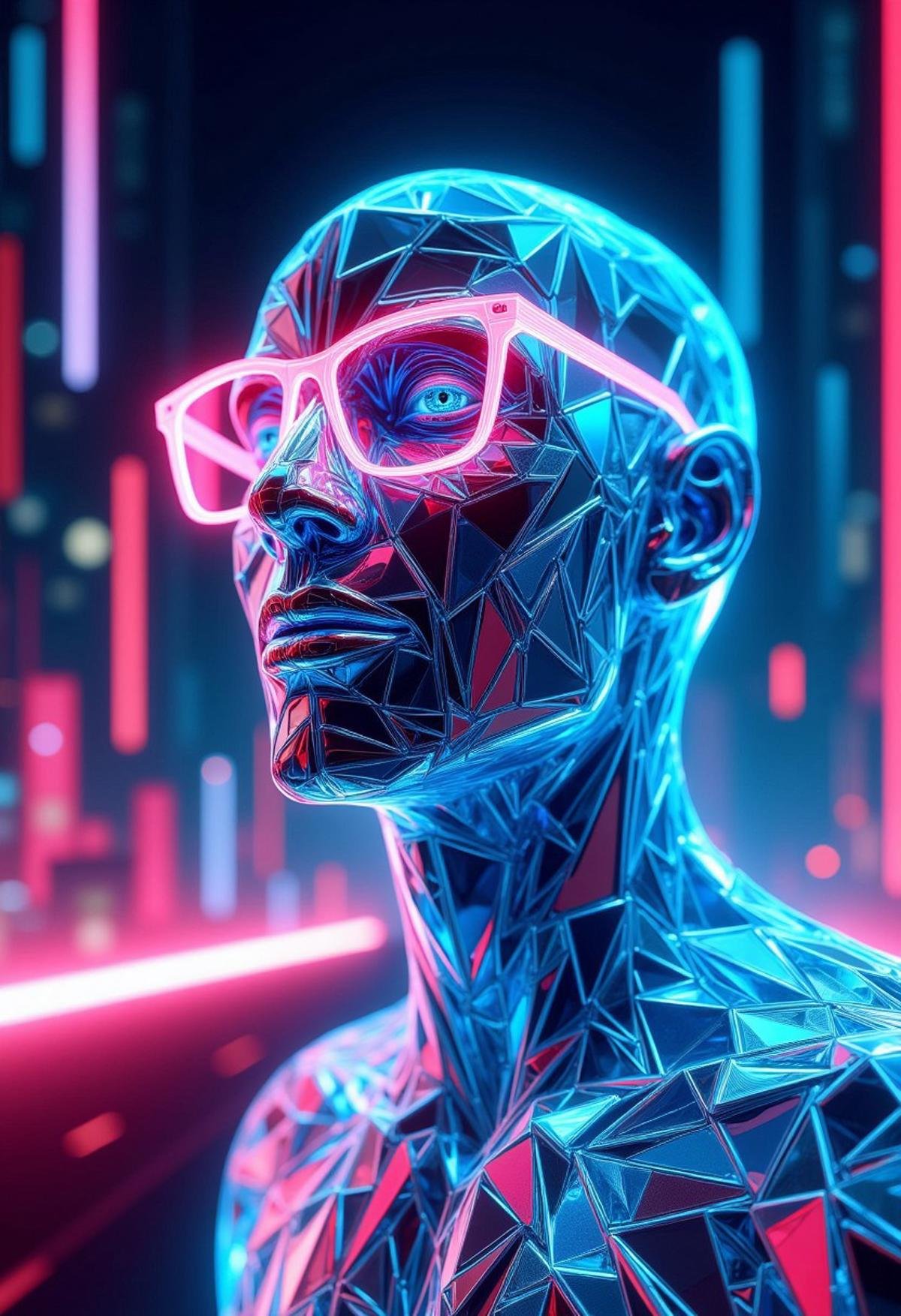 A cowboy shot of a male figure made of glowing glass shards, featuring a cool, composed smile. He wears stylish synthwave-inspired glasses with a soft neon glow. The background includes a retro-futuristic cityscape with vivid synthwave colors and grid lines, highlighting the striking, futuristic appearance of the character.