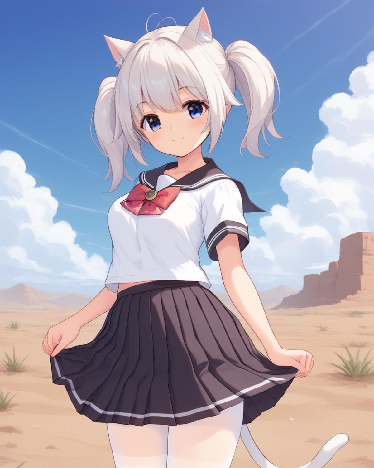 <lora:JunNeko-000009 (1):1>,junneko,twintails,white hair,cat tail,cat ears,medium breasts,18yo,blue eyes,serafuku,school uniform,sailor collar,bow,white pantyhose,black skirt, 1girl,solo,standing,desert,outdoors,smile,, score_9,score_8_up,score_7_up,source_anime,best quality,masterpiece,uncensored,detailed eyes,<lora:add-detail-xl:0.7>