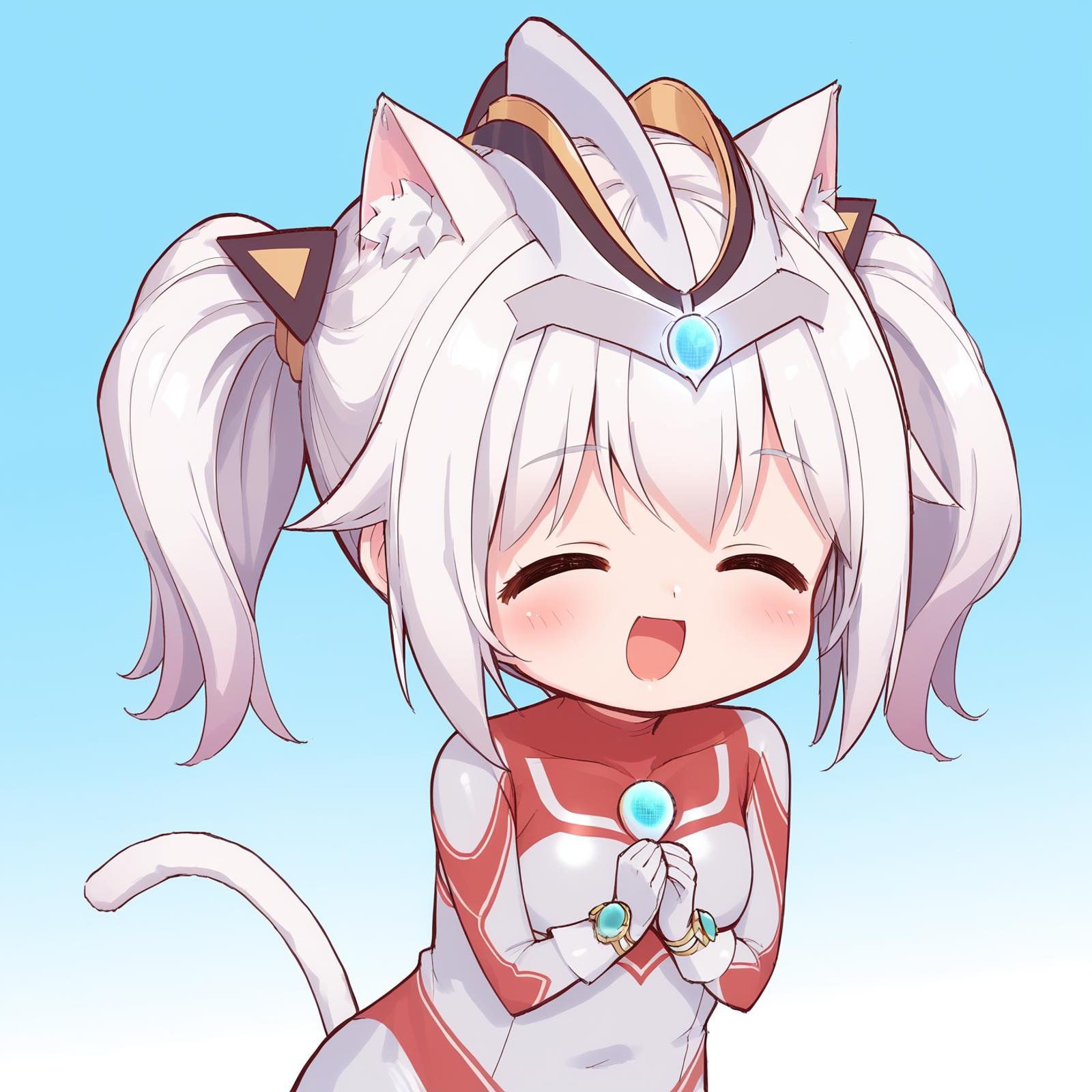 <lora:JunNeko-000009 (1):1>,junneko,twintails,white hair,cat tail,cat ears,headgear,chest jewel,blue jewel,body markings,white bodysuit,high heels,1girl,solo,<lora:LovelySmilePony1.0:1>,own hands together,smile,open mouth,blush,simple background,closed eyes,, score_9,score_8_up,score_7_up,source_anime,best quality,masterpiece,uncensored,detailed eyes,<lora:add-detail-xl:0.7>