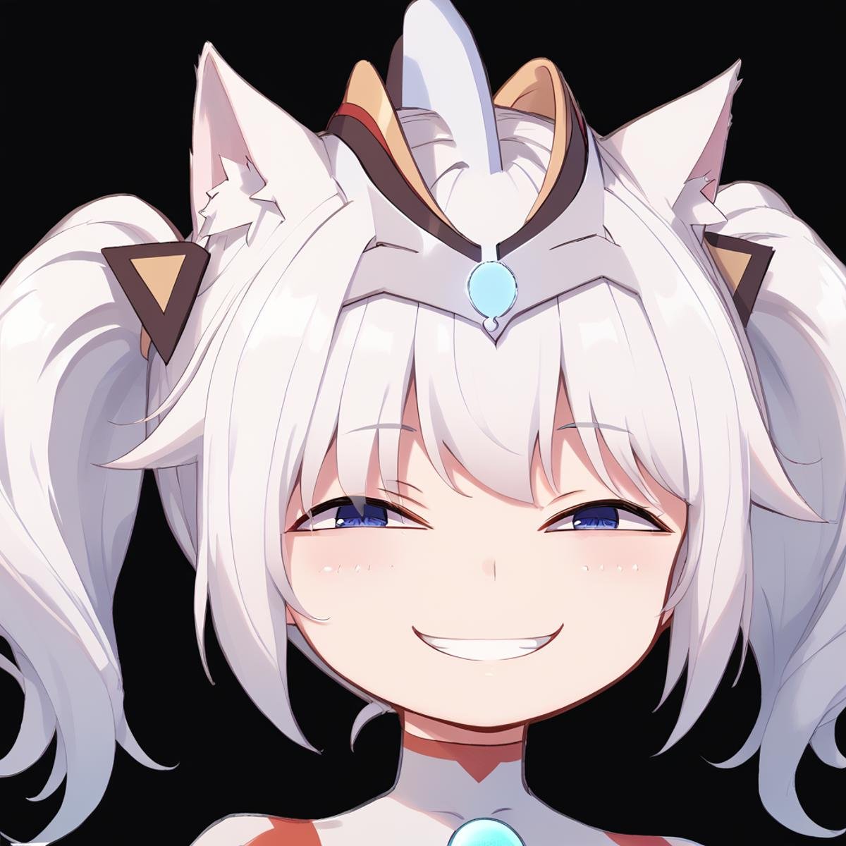 <lora:JunNeko-000009 (1):1>,junneko,twintails,white hair,cat tail,cat ears,headgear,chest jewel,blue eyes,blue jewel,body markings,white bodysuit,high heels,1girl,solo,IncrsAnyasHehFaceMeme,grin,<lora:AnyasHehFaceMeme_XLPD:1.2>,, score_9,score_8_up,score_7_up,source_anime,best quality,masterpiece,uncensored,detailed eyes,<lora:add-detail-xl:0.7>