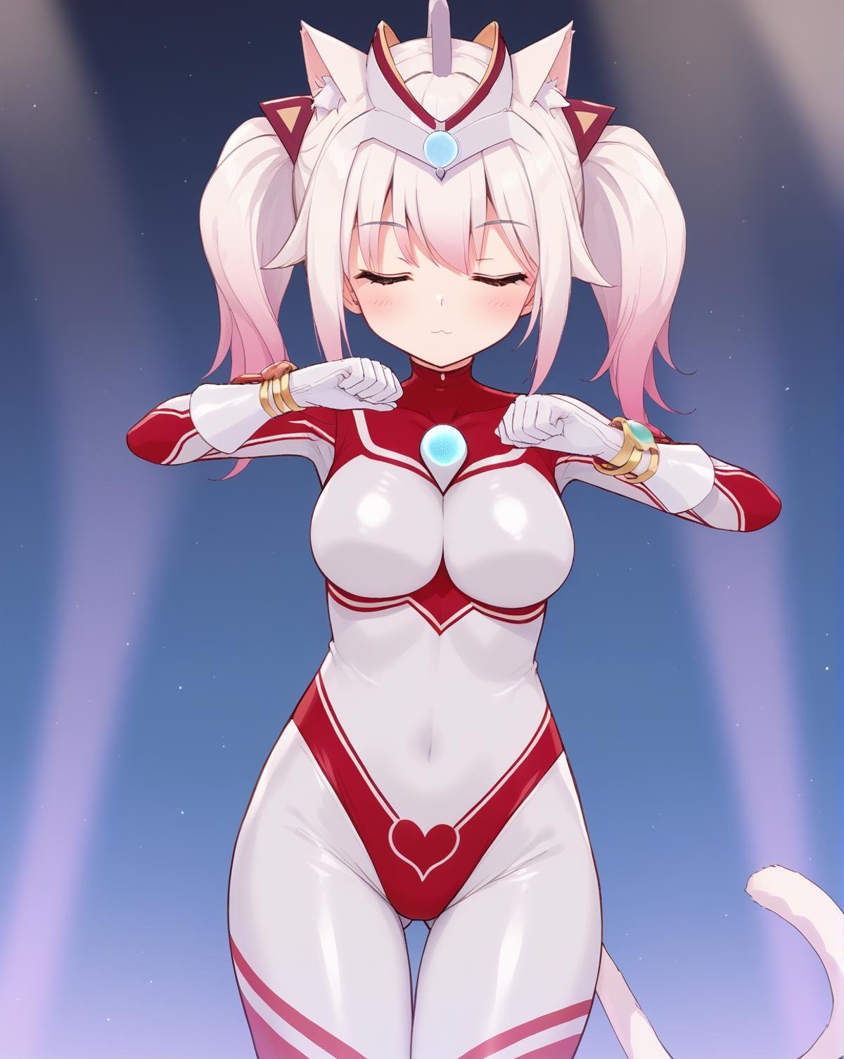 <lora:JunNeko-000009 (1):0.9>,junneko,twintails,white hair,cat tail,cat ears,headgear,chest jewel,medium breasts,18yo,gradient hair,pink hair,blue jewel,white gloves,bracelet,bodysuit,body markings,skin tight,1girl,solo,shikairodaysdance,dancing,closed eyes,<lora:meme_shikairodaysdance_ponyXL:1>,cowboy shot,, score_9,score_8_up,score_7_up,source_anime,best quality,masterpiece,uncensored,detailed eyes,<lora:add-detail-xl:0.7>