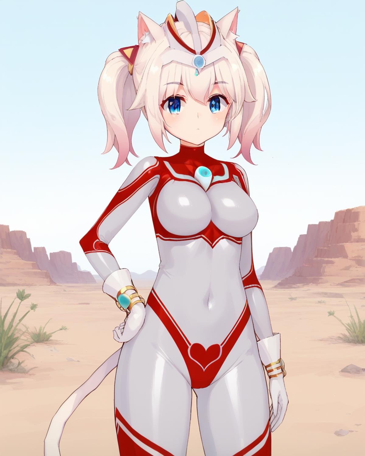 <lora:JunNeko:1>,junneko,twintails,white hair,cat tail,headgear,chest jewel,medium breasts,18yo,blue jewel,body markings,gloves,bracelet,bodysuit,1girl,solo,standing,hand on own hip,desert,, score_9,score_8_up,score_7_up,source_anime,best quality,masterpiece,uncensored,detailed eyes,<lora:add-detail-xl:0.7>