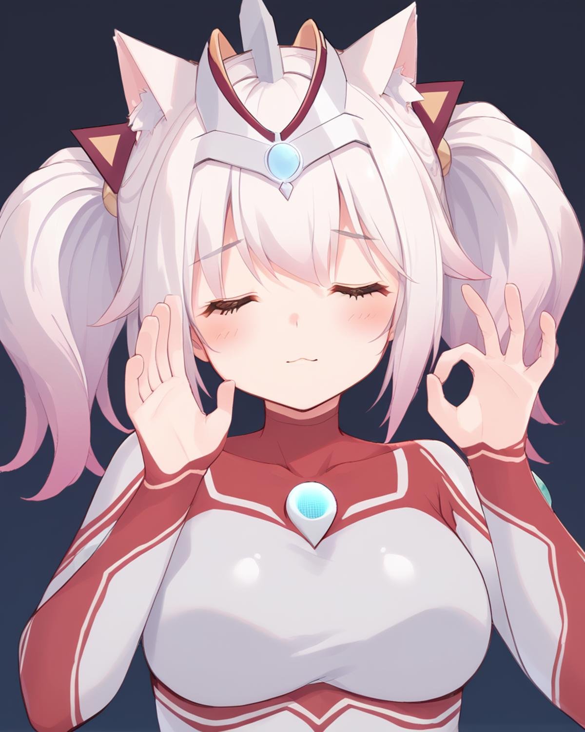 <lora:JunNeko-000009 (1):1>,junneko,twintails,white hair,cat tail,cat ears,headgear,chest jewel,gradient hair,pink hair,blue jewel,body markings,body markings,white bodysuit,1girl,solo,pachameme,hands up,ok sign,closed eyes,<lora:PachaMeme_pdxl_Incrs_v1:1>,, score_9,score_8_up,score_7_up,source_anime,best quality,masterpiece,uncensored,detailed eyes,<lora:add-detail-xl:0.7>