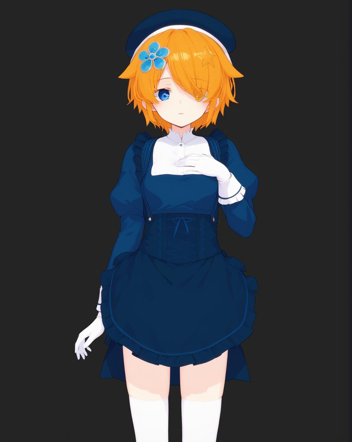 <lora:Andrea_Owen:0.9>,AndreaOwen,orange hair,blue eye,hair over one eye,16yo,hair ornament,short hair,dark blue maid apron,dark blue beret,white gloves,white thighhighs,long sleeves,1girl,solo,standing,cowboy shot,looking at viewer,hand on own chest,void,dark background,, score_9,score_8_up,score_7_up,source_anime,best quality,masterpiece,uncensored,detailed eyes,<lora:add-detail-xl:0.7>