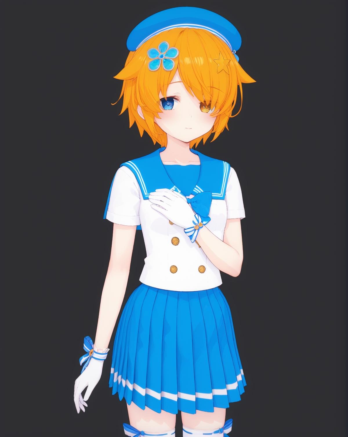 <lora:Andrea_Owen:0.9>,AndreaOwen,orange hair,blue eye,hair over one eye,heterochromia,16yo,hair ornament,short hair,blue hat,school uniform,serafuku,sailor collar,white gloves,blue skirt,pleated skirt,white thighhighs,ribbon,1girl,solo,standing,cowboy shot,looking at viewer,hand on own chest,void,dark background,, score_9,score_8_up,score_7_up,source_anime,best quality,masterpiece,uncensored,detailed eyes,<lora:add-detail-xl:0.7>