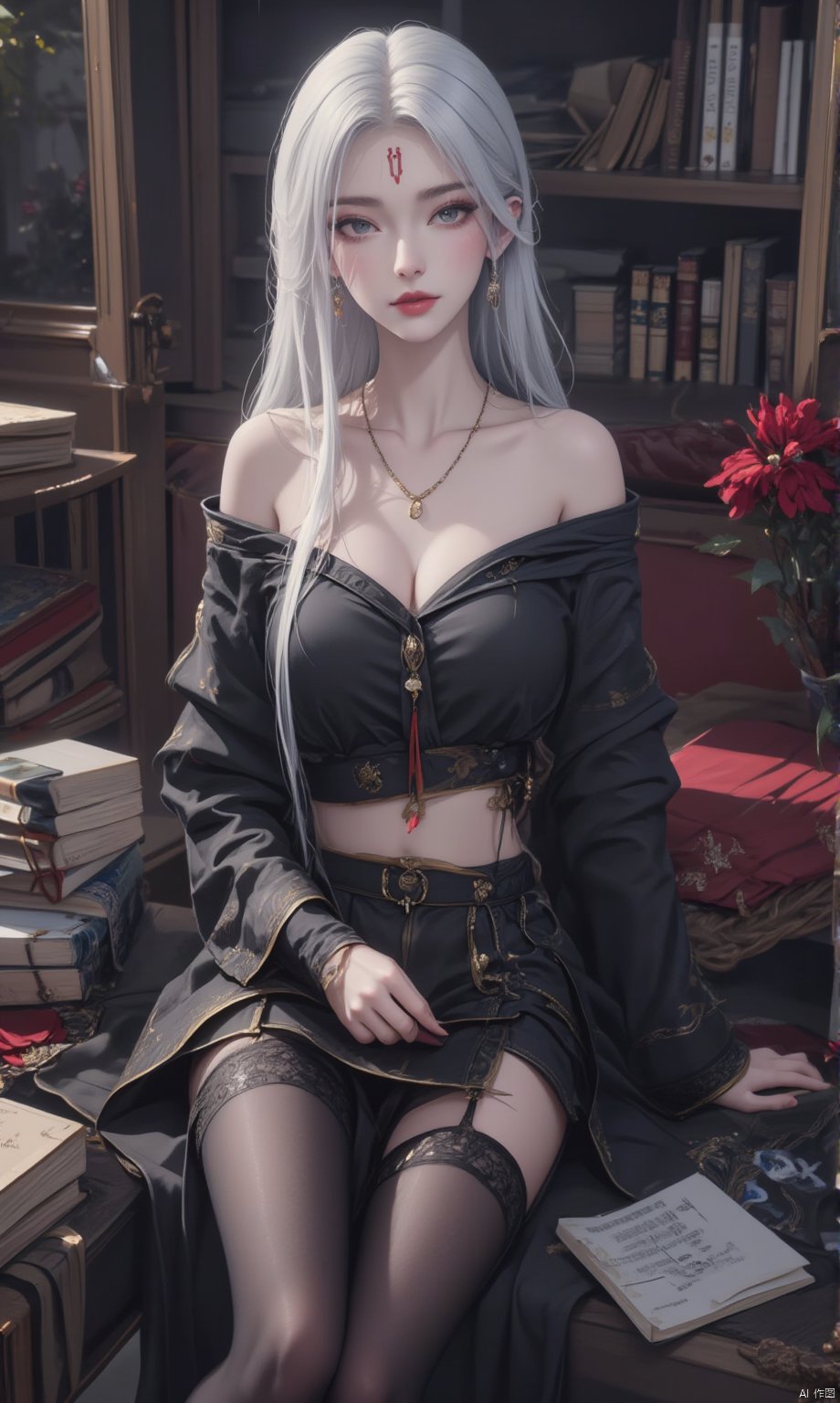  8K image. ((poakl)),white hair,Flux小白-起风,,GF,1girl, solo, long hair, breasts, looking at viewer, skirt, shirt, thighhighs, navel, cleavage, bare shoulders, jewelry, medium breasts, sitting, closed mouth, collarbone, flower, white hair, midriff, black thighhighs, indoors, black skirt, necklace, off shoulder, stomach, crop top, grey eyes, book, petals, black shirt, makeup, facial mark, lipstick, red flower, single thighhigh, pale skin, forehead mark, red lips, book stack